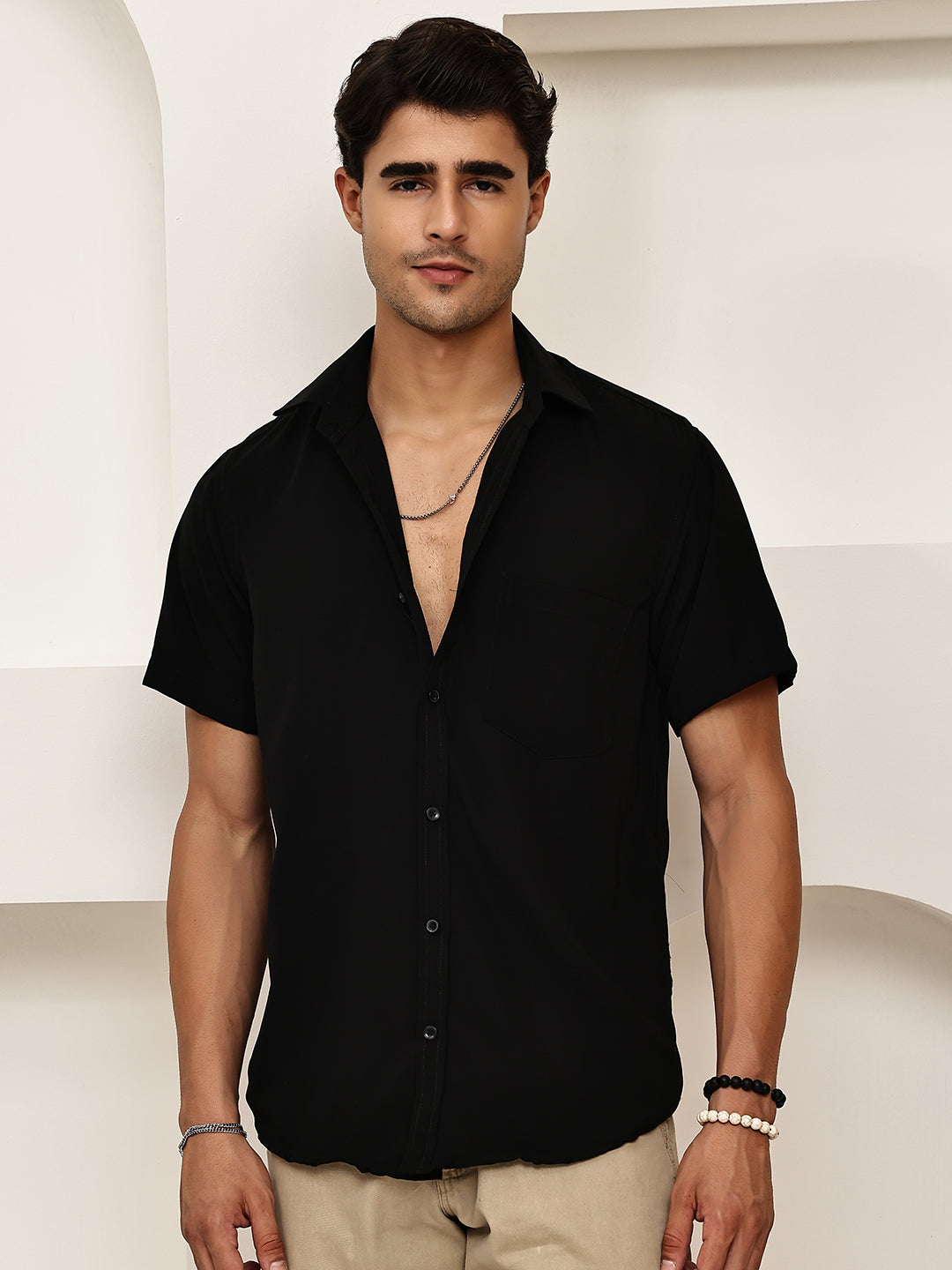 Cotton Blend Short Sleeve Casual Shirt for Men ( RDSH 024Black )