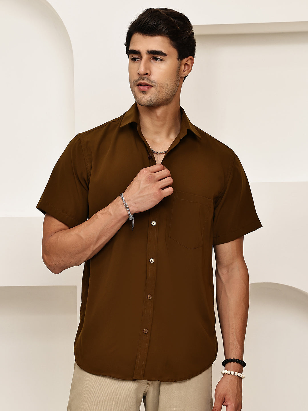 Cotton Blend Short Sleeve Casual Shirt for Men ( RDSH 024Coffee )
