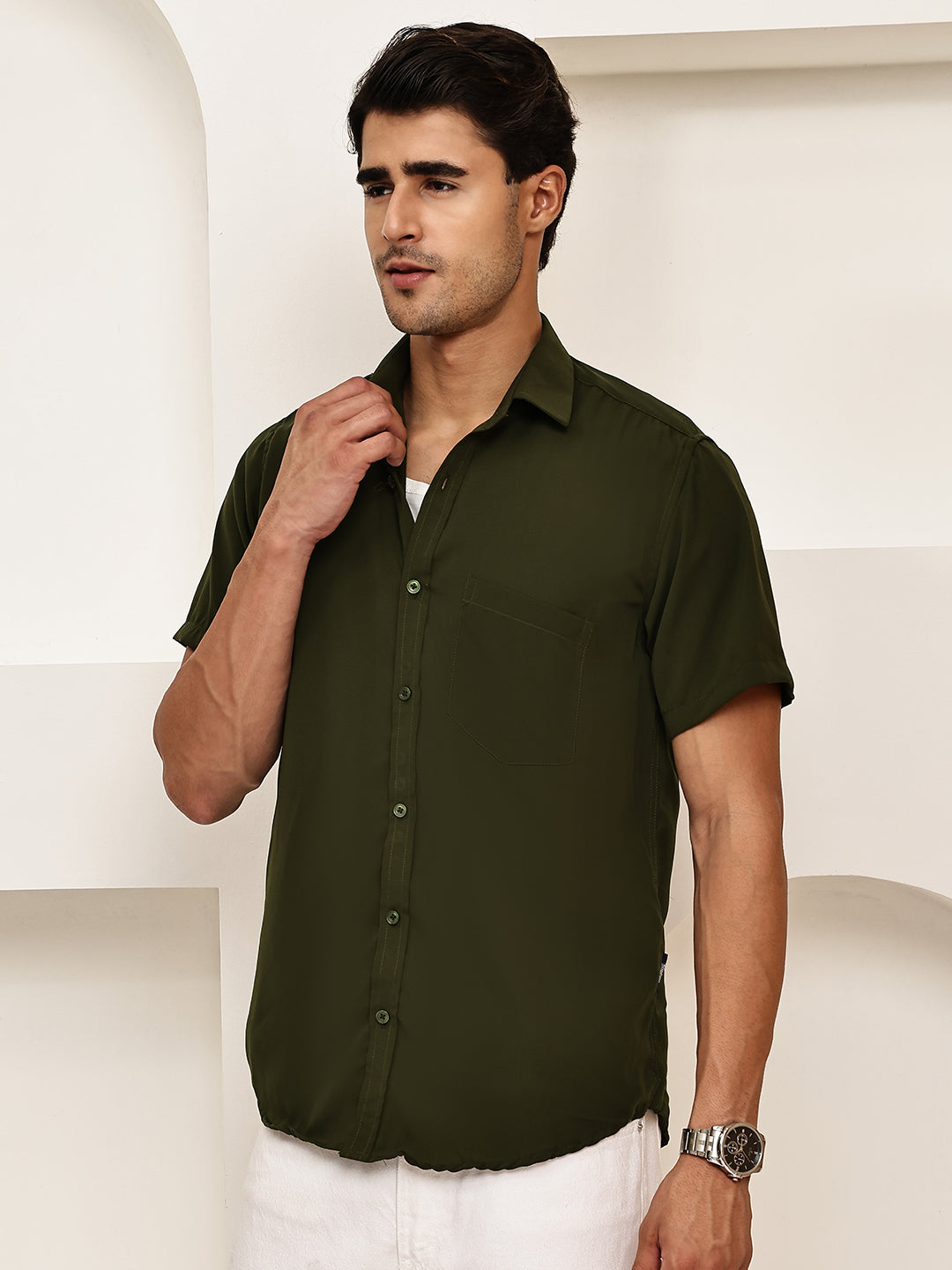 Cotton Blend Short Sleeve Casual Shirt for Men ( RDSH 024Mehndi )