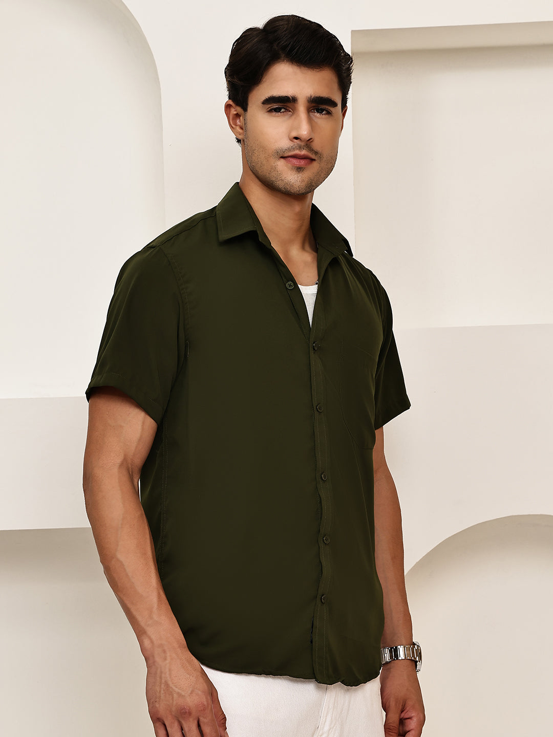 Cotton Blend Short Sleeve Casual Shirt for Men ( RDSH 024Mehndi )
