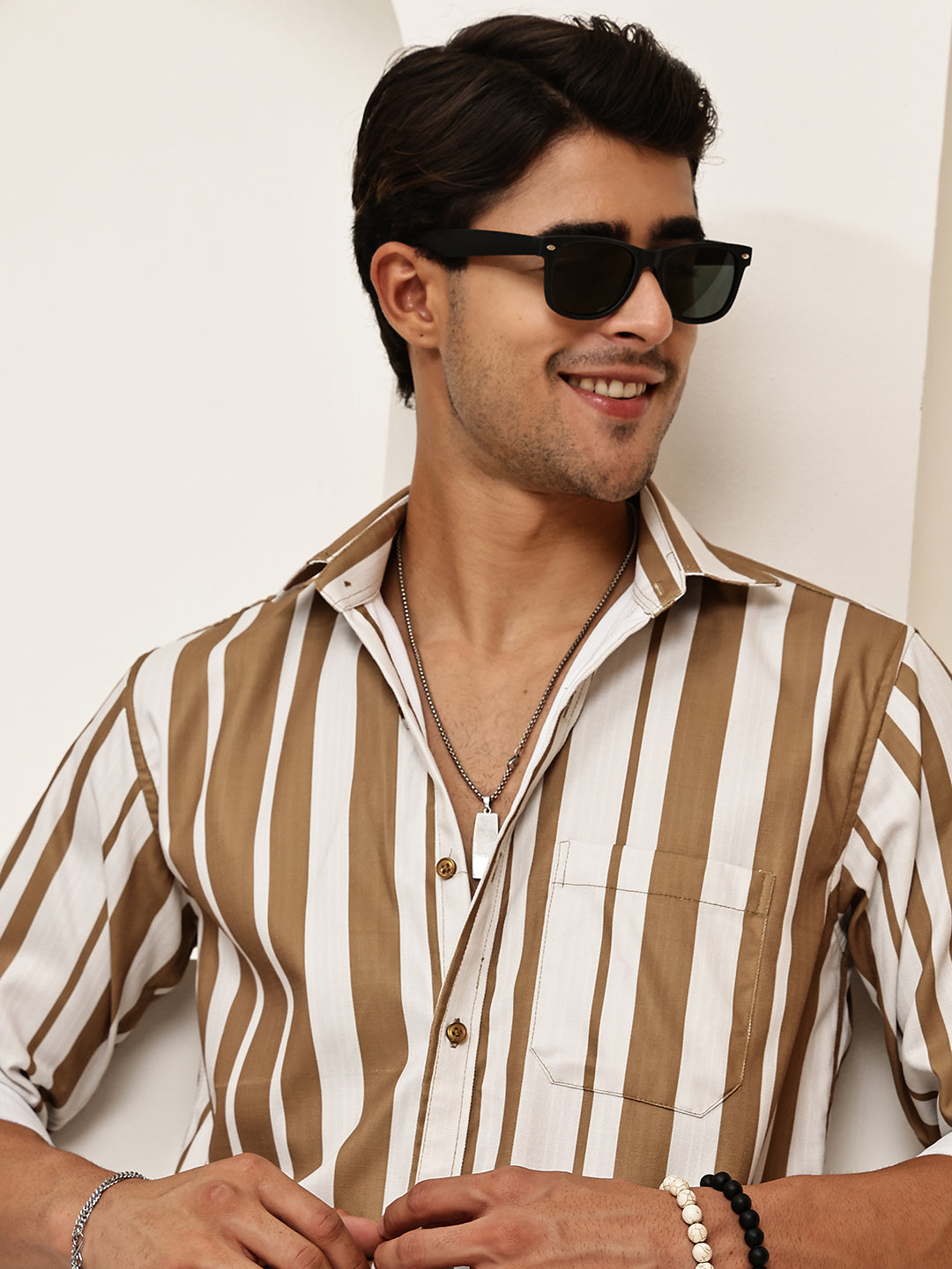 Vertical Stripe Cotton Blend Casual Shirt ( RDSH 026Beige )