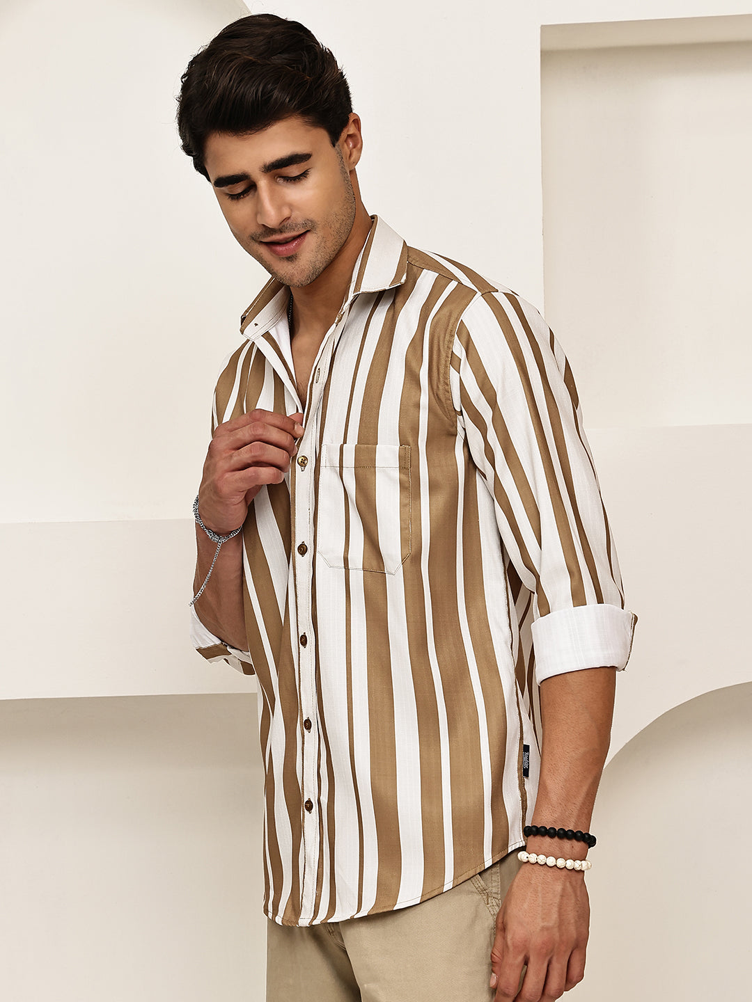 Vertical Stripe Cotton Blend Casual Shirt ( RDSH 026Beige )