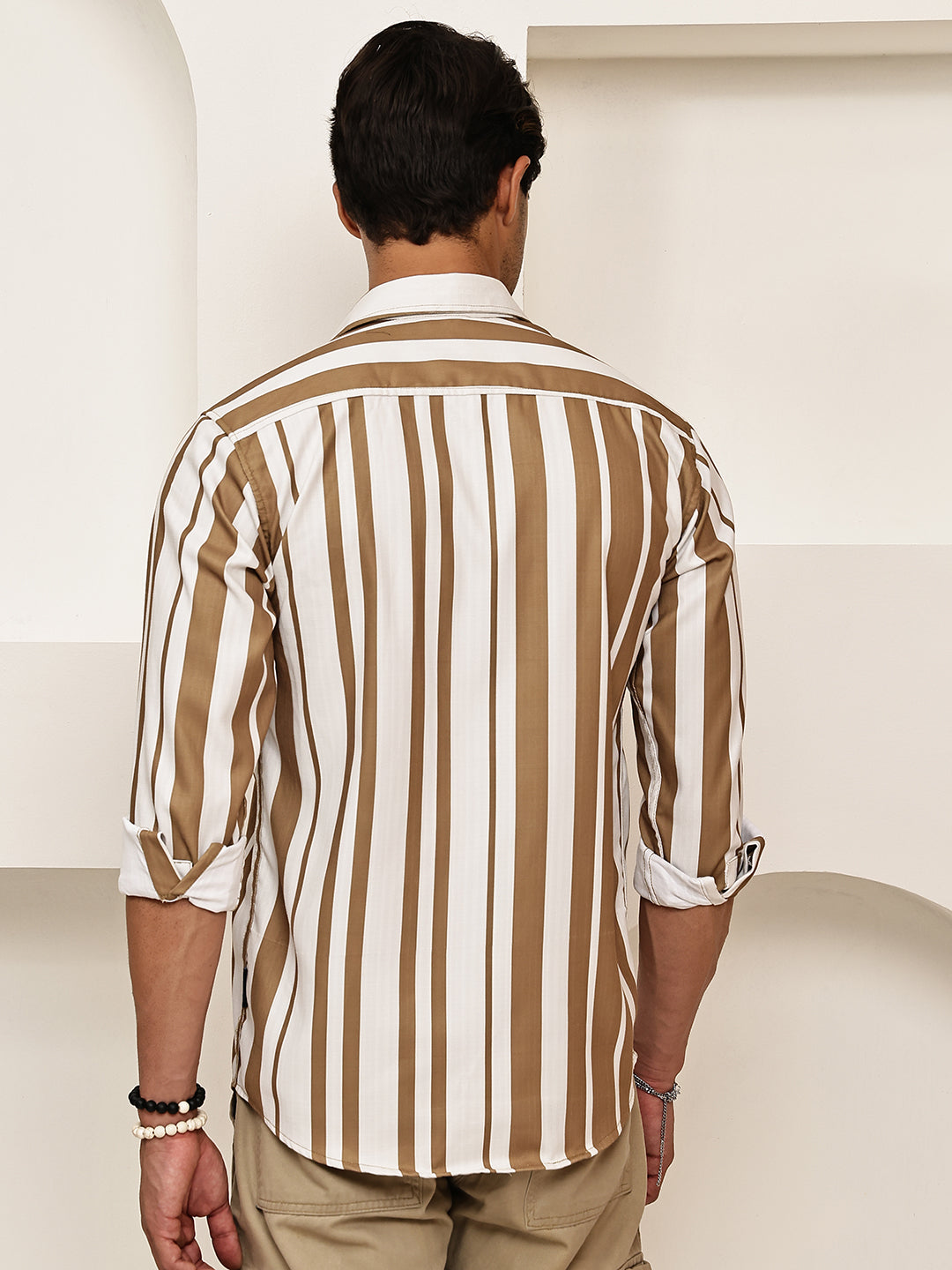 Vertical Stripe Cotton Blend Casual Shirt ( RDSH 026Beige )