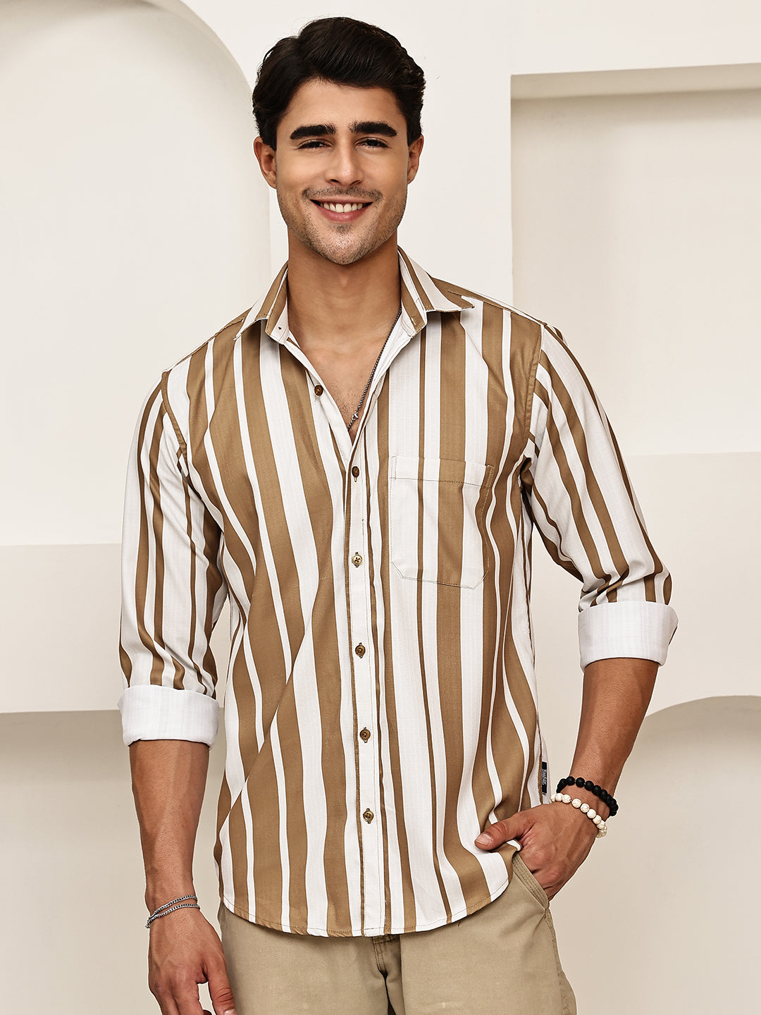Vertical Stripe Cotton Blend Casual Shirt ( RDSH 026Beige )