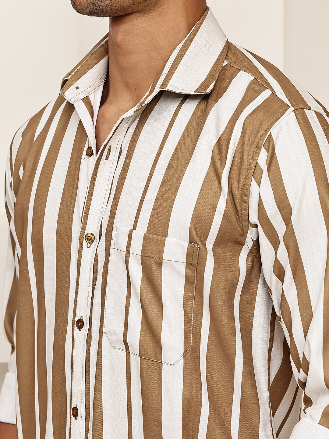 Vertical Stripe Cotton Blend Casual Shirt ( RDSH 026Beige )