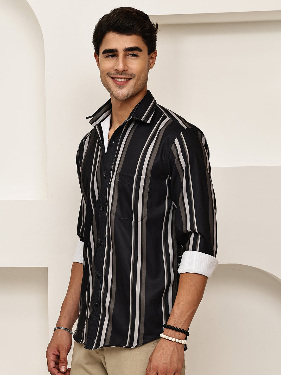 Vertical Stripe Cotton Blend Casual Shirt ( RDSH 026Black )