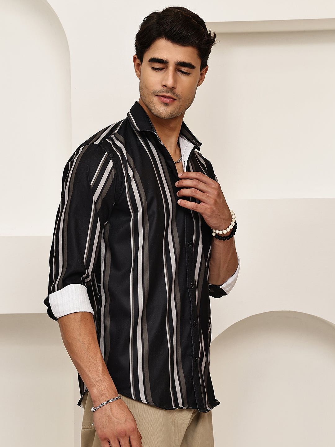 Vertical Stripe Cotton Blend Casual Shirt ( RDSH 026Black )