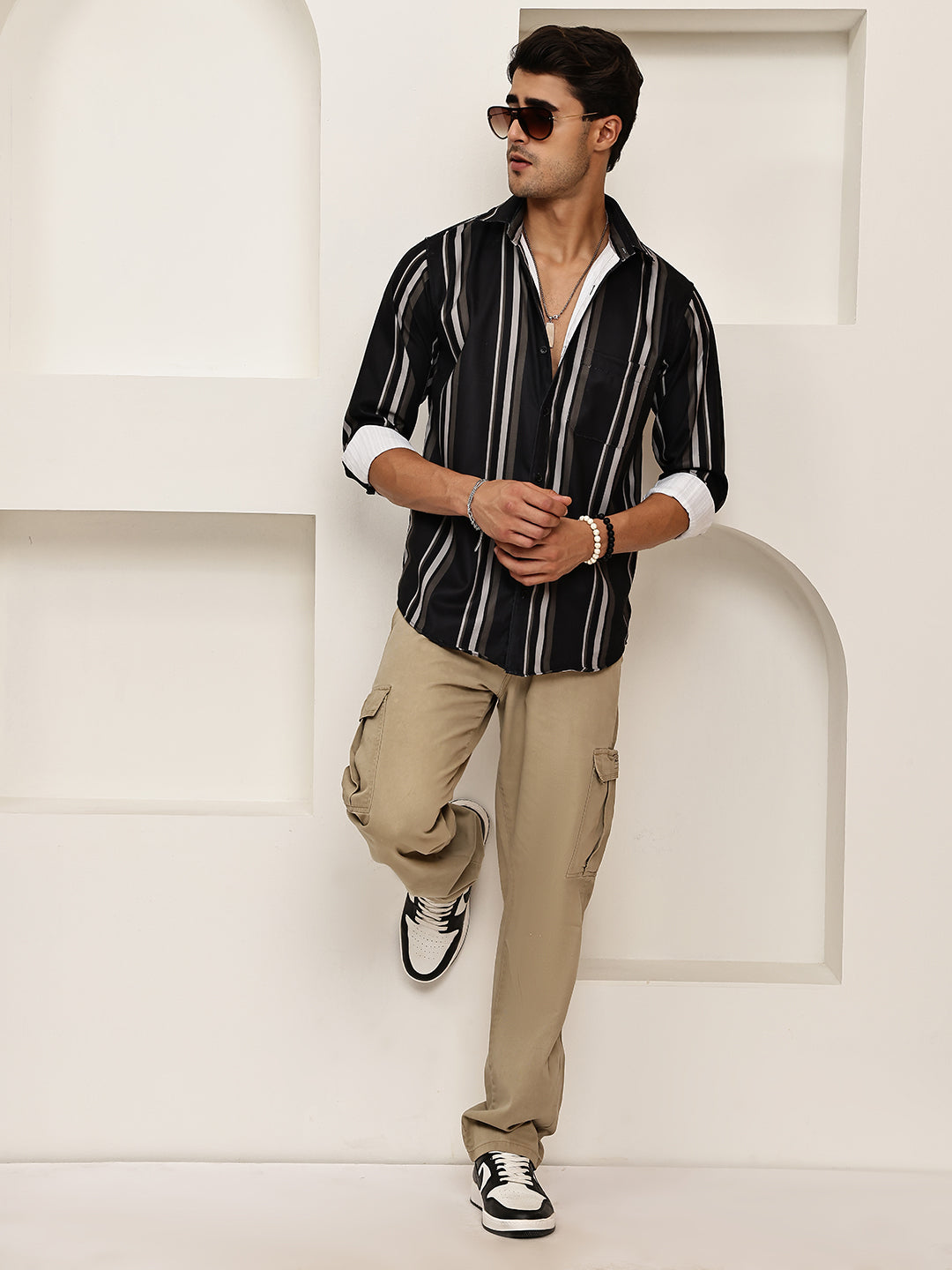 Vertical Stripe Cotton Blend Casual Shirt ( RDSH 026Black )