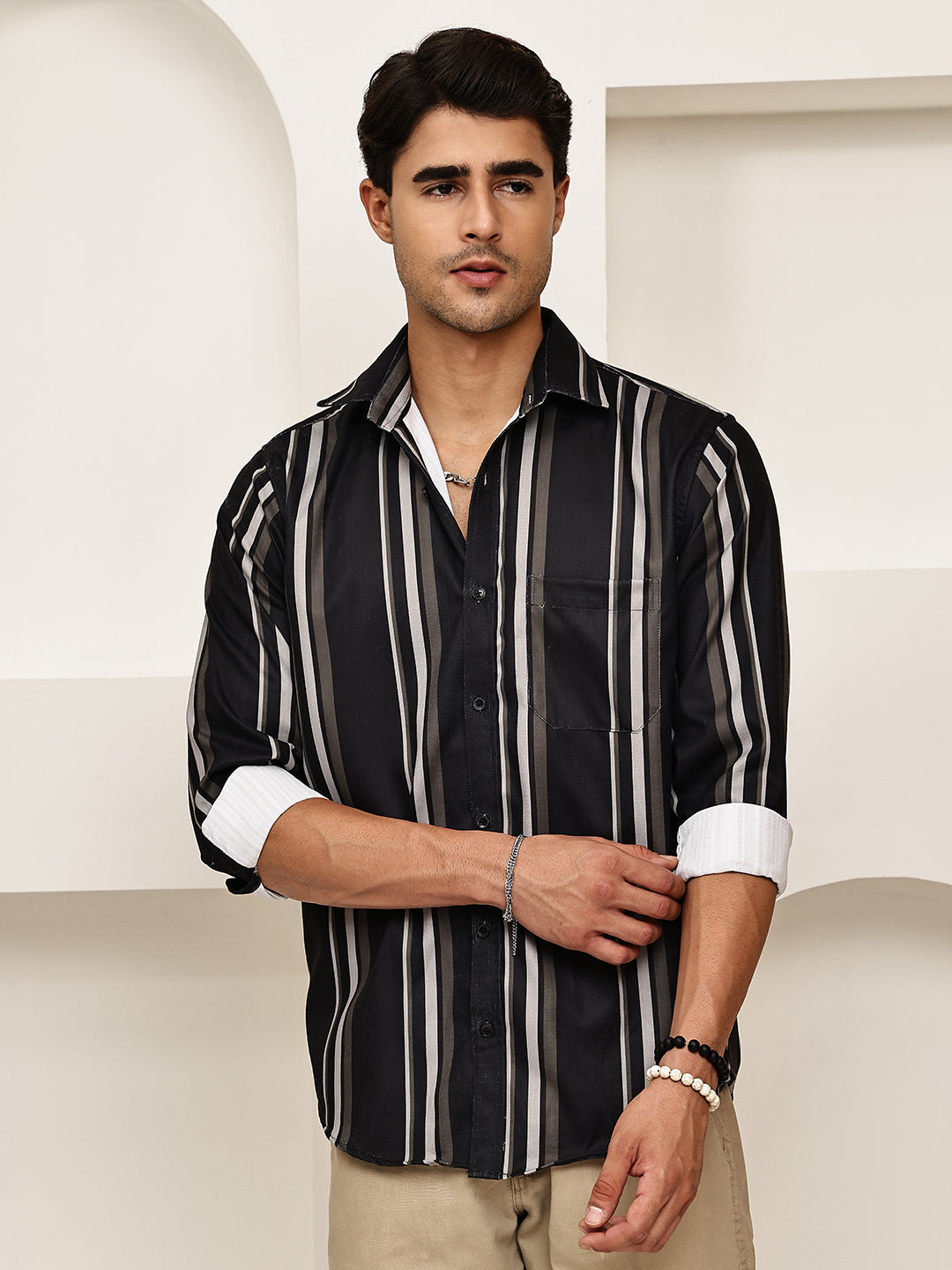 Vertical Stripe Cotton Blend Casual Shirt ( RDSH 026Black )