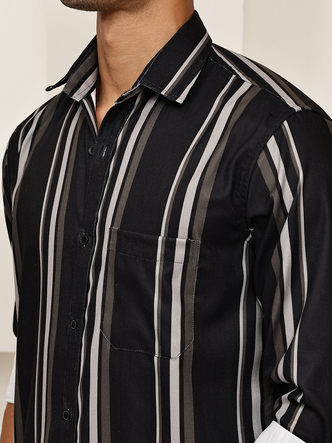 Vertical Stripe Cotton Blend Casual Shirt ( RDSH 026Black )