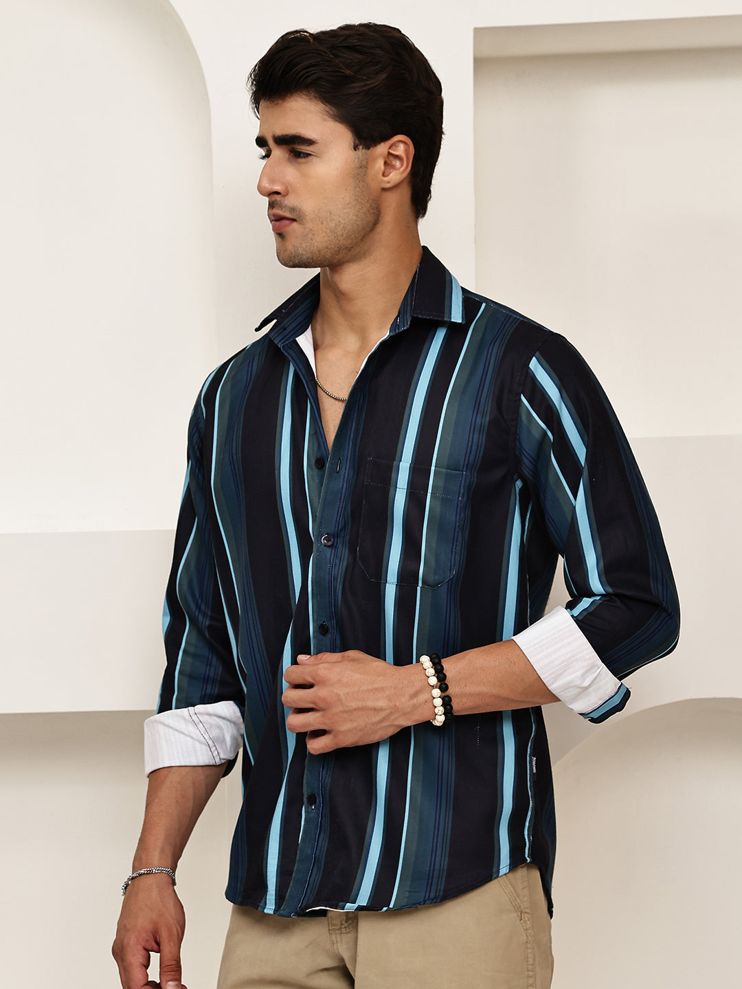 Vertical Stripe Cotton Blend Casual Shirt ( RDSH 026Blue )