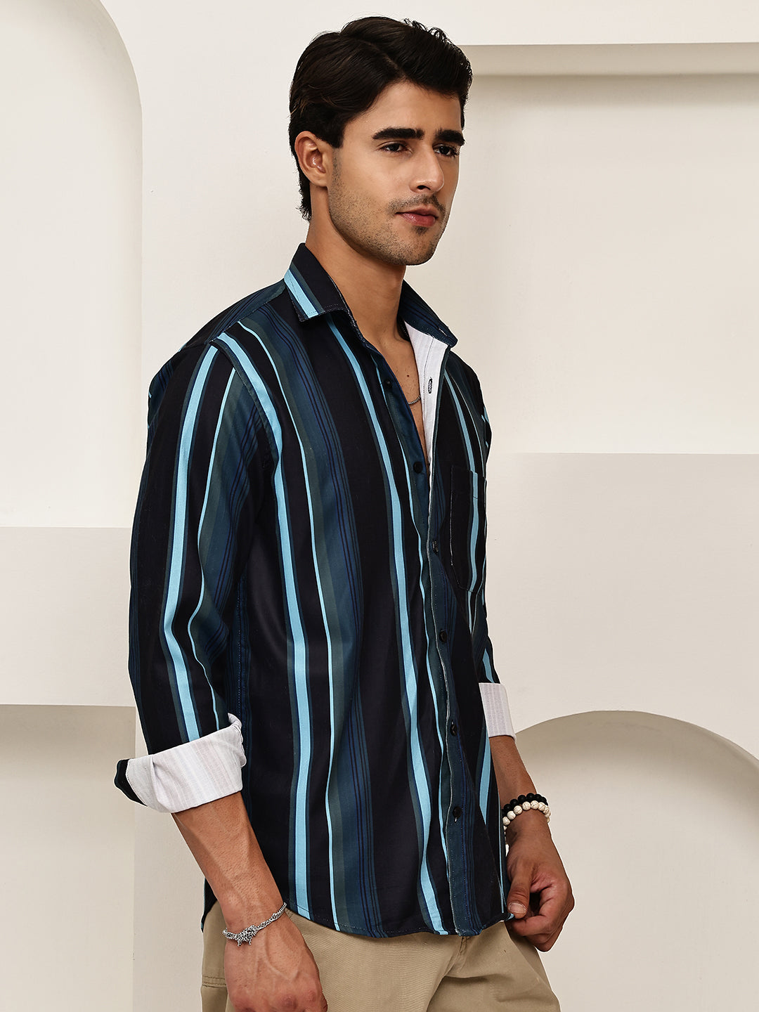Vertical Stripe Cotton Blend Casual Shirt ( RDSH 026Blue )