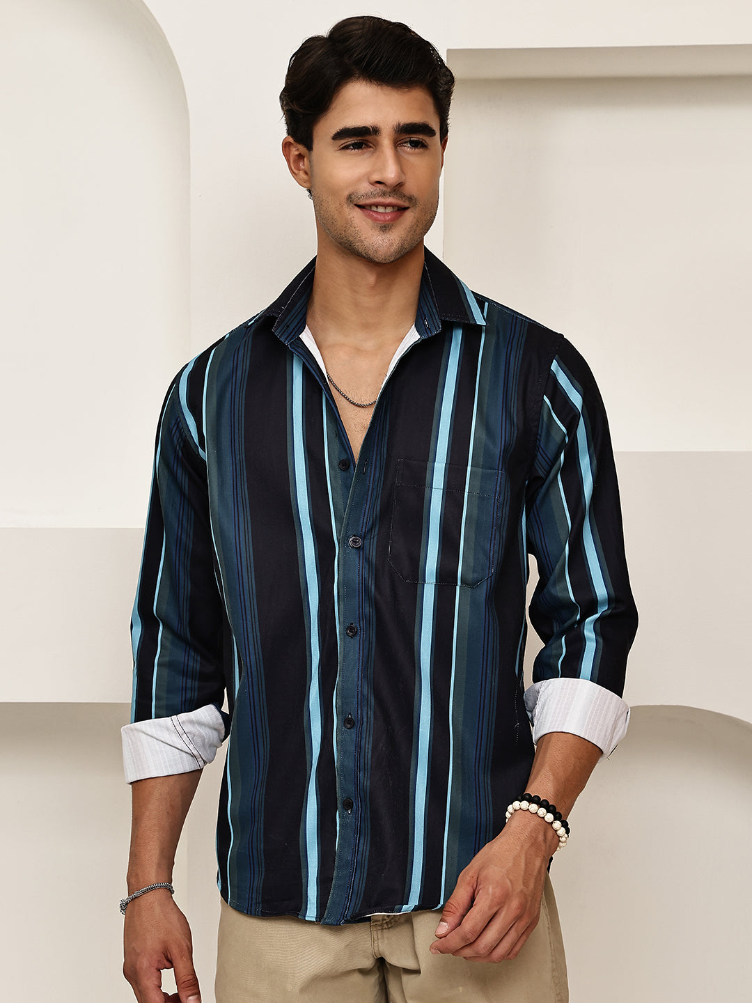 Vertical Stripe Cotton Blend Casual Shirt ( RDSH 026Blue )