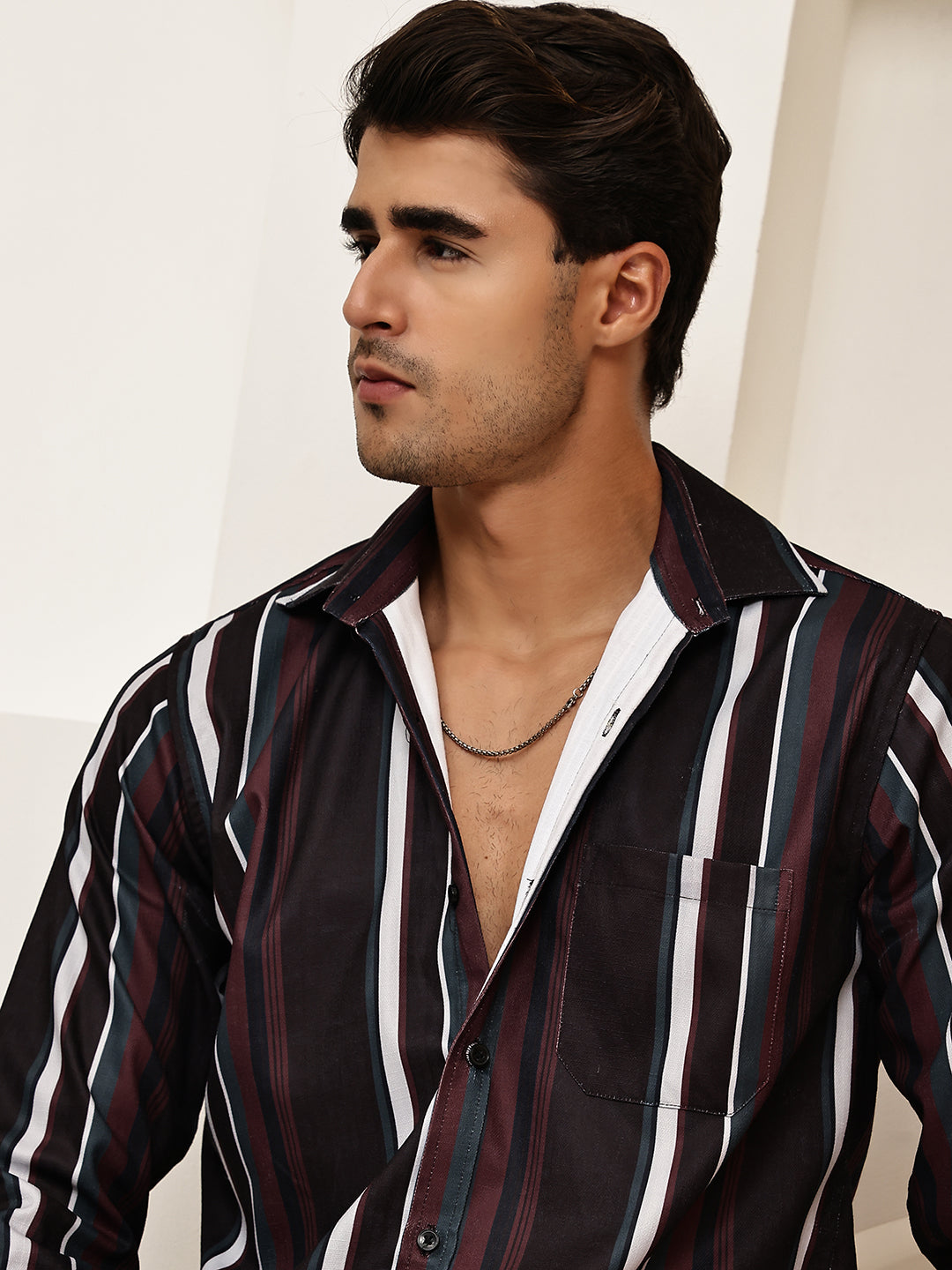 Vertical Stripe Cotton Blend Casual Shirt ( RDSH 026Coffee )