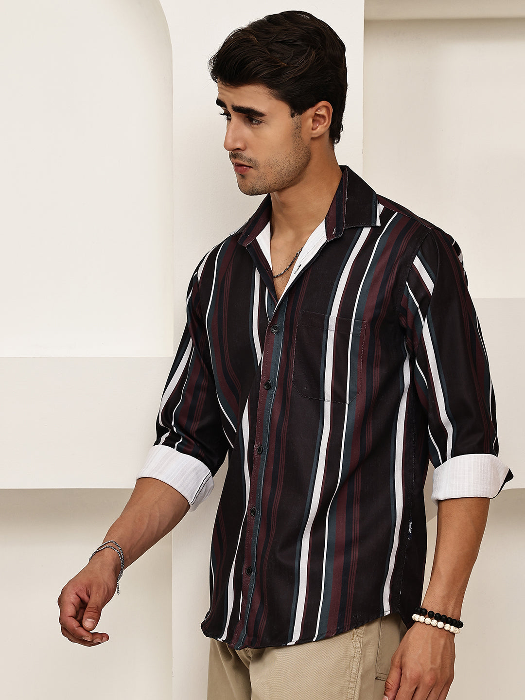 Vertical Stripe Cotton Blend Casual Shirt ( RDSH 026Coffee )