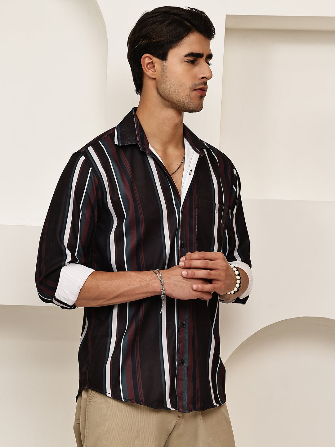 Vertical Stripe Cotton Blend Casual Shirt ( RDSH 026Coffee )