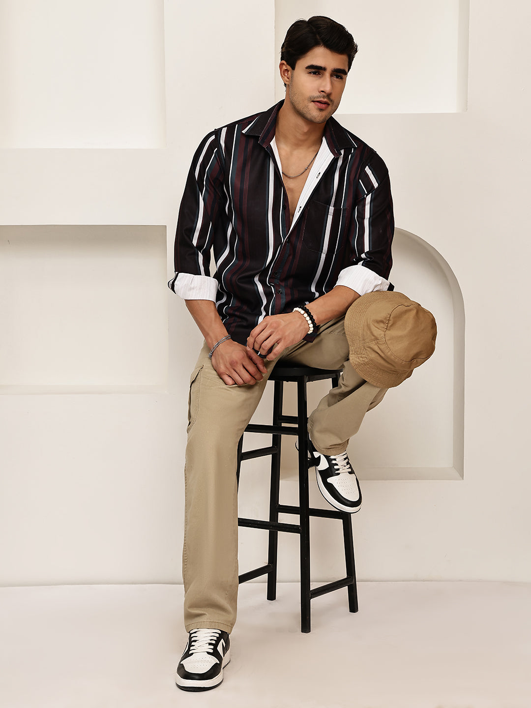 Vertical Stripe Cotton Blend Casual Shirt ( RDSH 026Coffee )