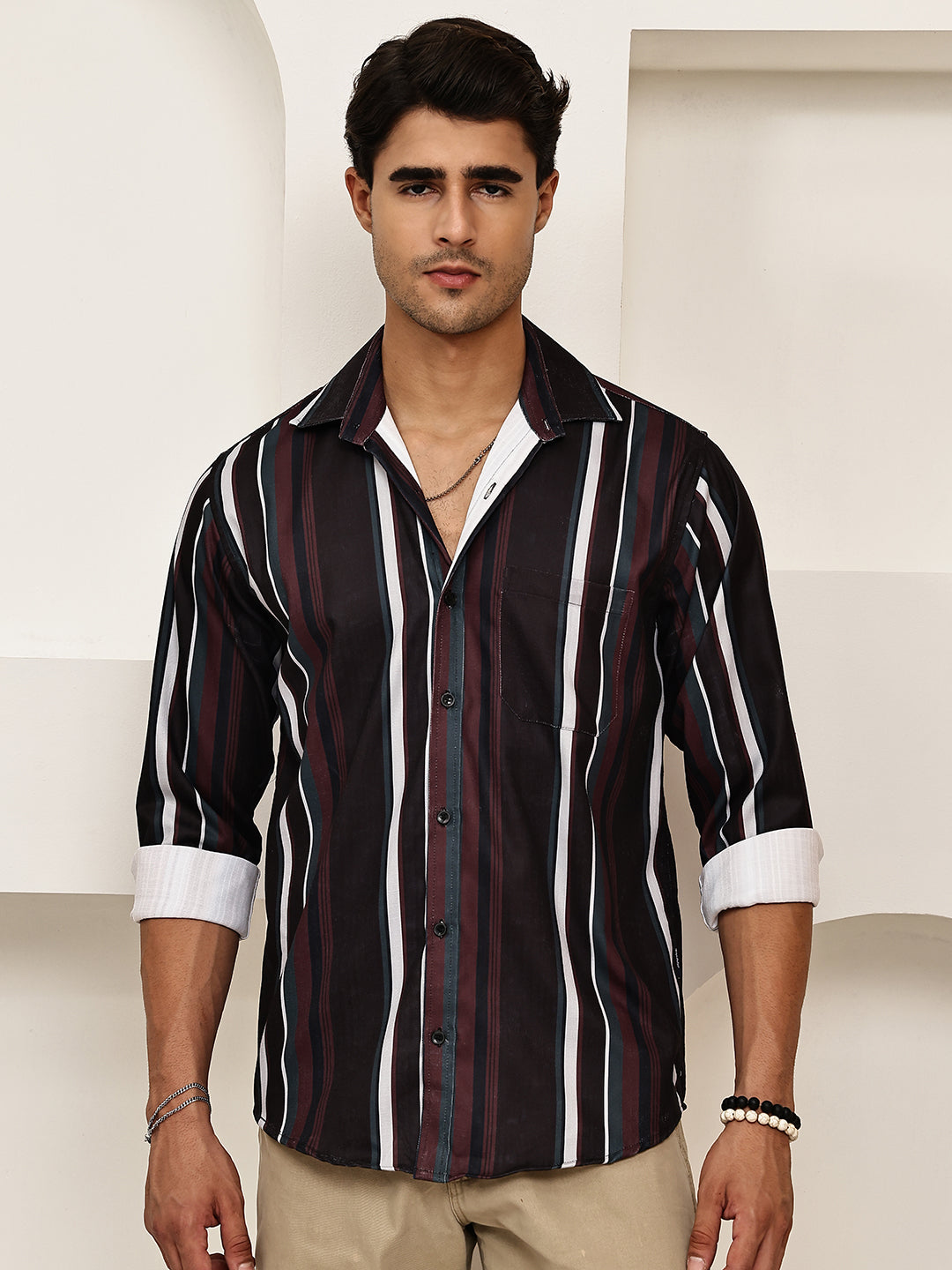 Vertical Stripe Cotton Blend Casual Shirt ( RDSH 026Coffee )