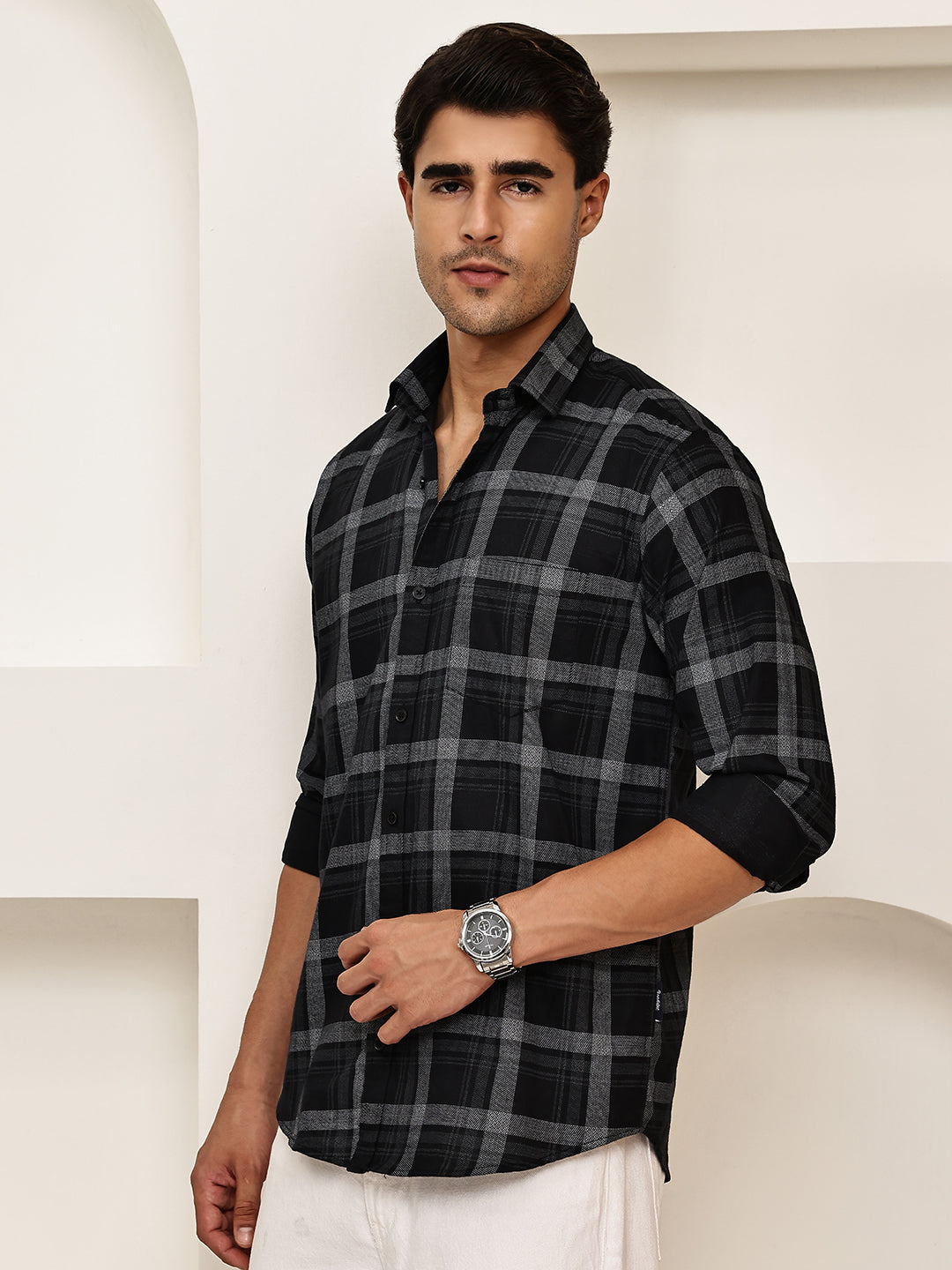 Pure Cotton Smart Casual Checked Shirt ( RDSH 027Black )