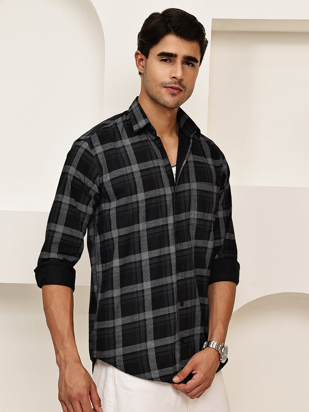 Pure Cotton Smart Casual Checked Shirt ( RDSH 027Black )