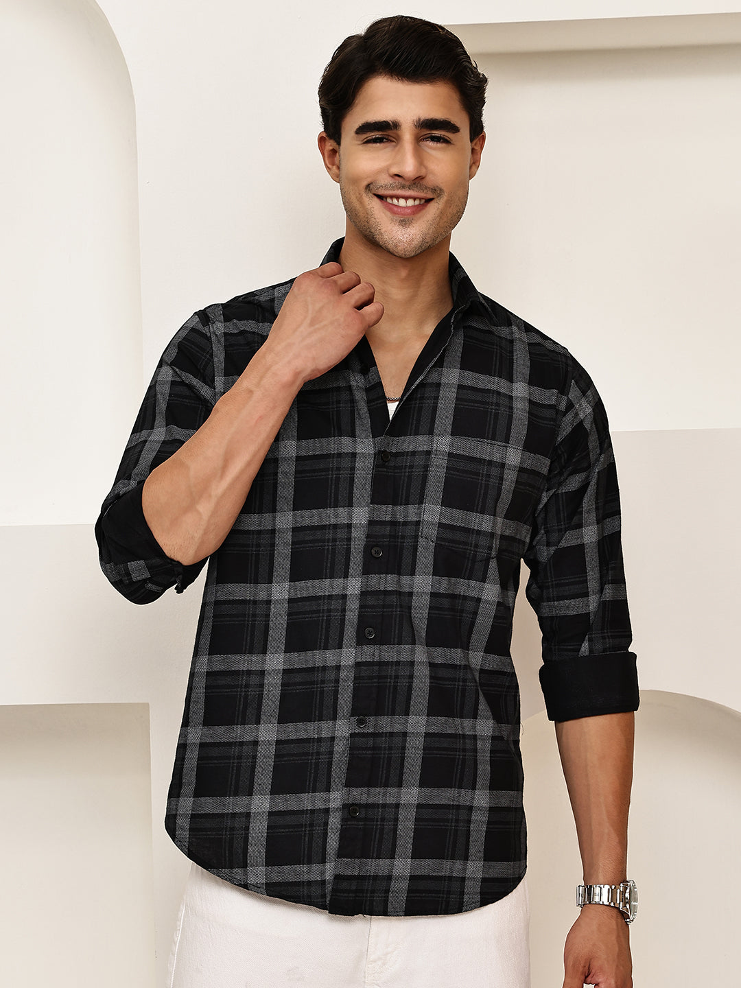 Pure Cotton Smart Casual Checked Shirt ( RDSH 027Black )