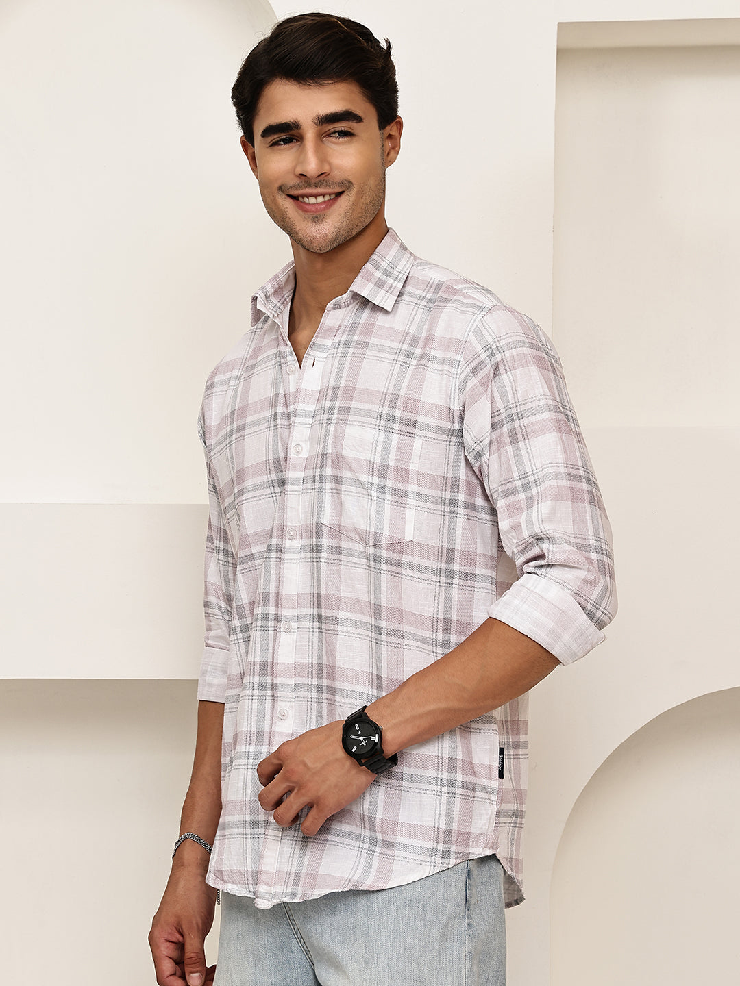 Pure Cotton Smart Casual Checked Shirt ( RDSH 027Pink )
