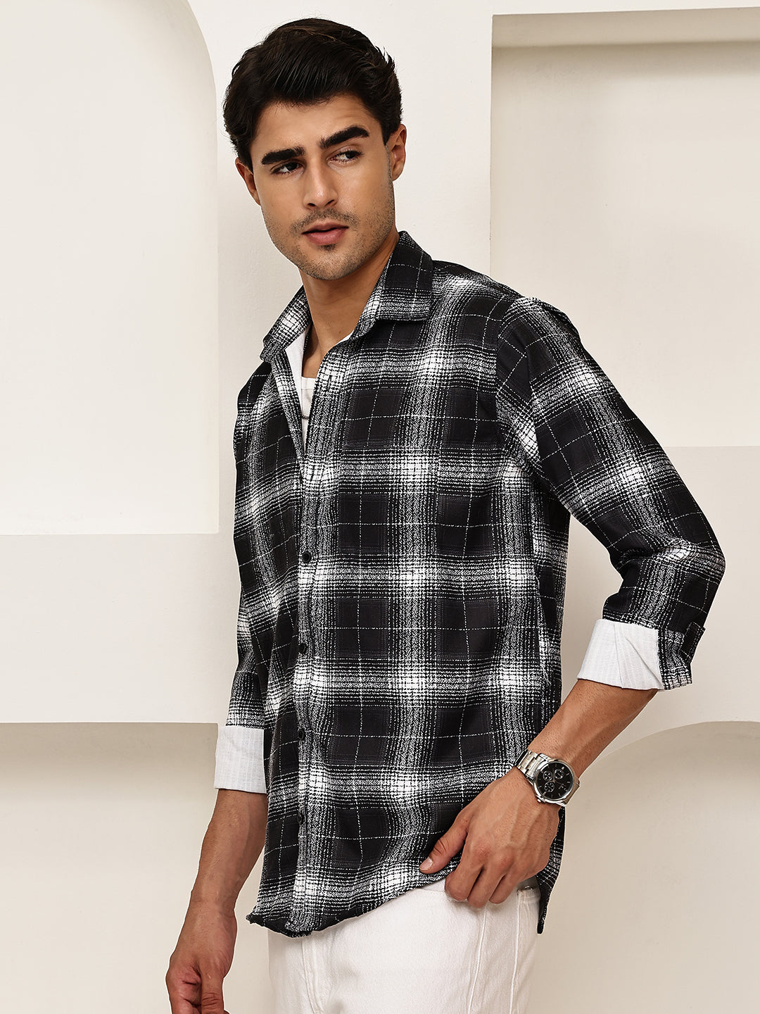 Cotton Blend Brushed Check Casual Shirt ( RDSH 028Black )
