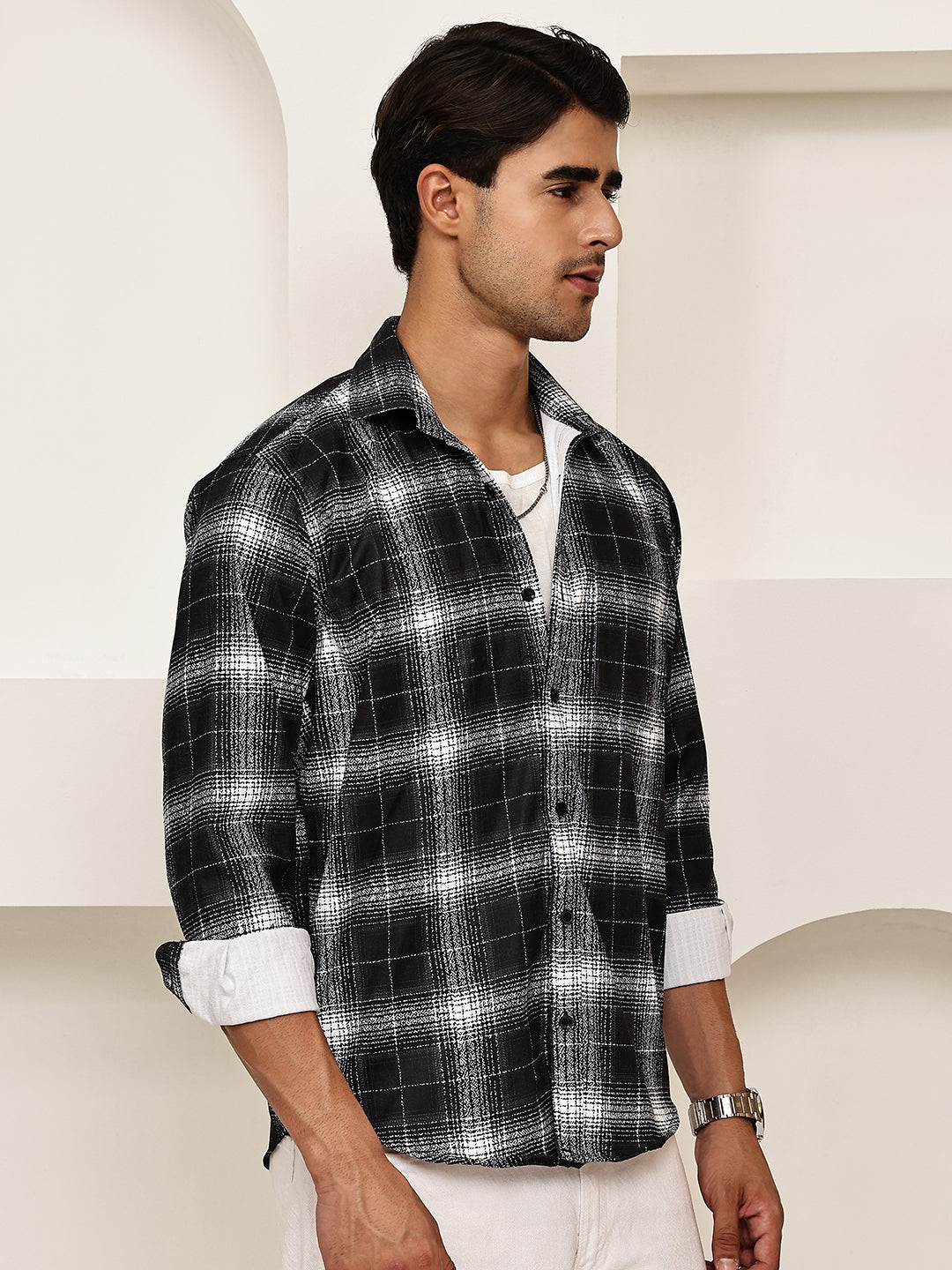 Cotton Blend Brushed Check Casual Shirt ( RDSH 028Black )