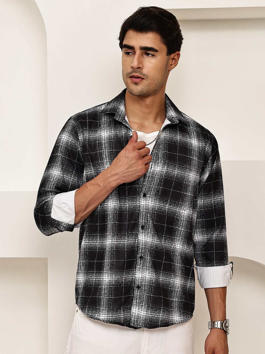 Cotton Blend Brushed Check Casual Shirt ( RDSH 028Black )