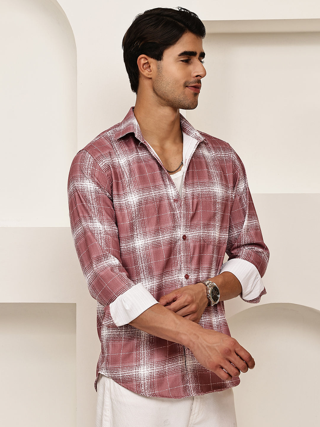 Cotton Blend Brushed Check Casual Shirt ( RDSH 028Magenta )