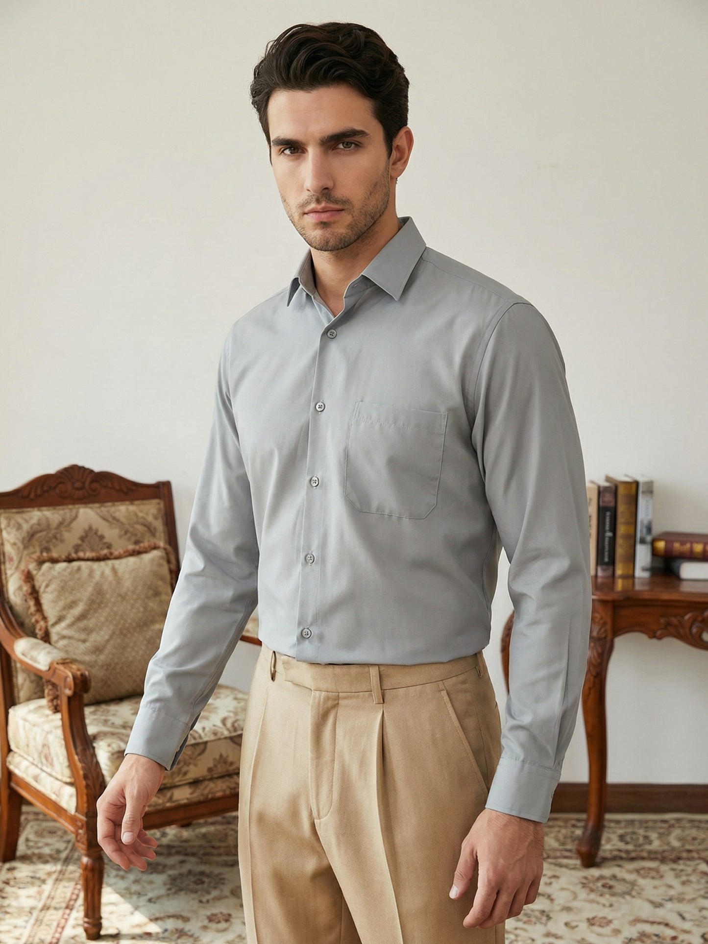 Men’s Classic Solid Casual Wear Shirt ( RDSH 037Light-Grey )