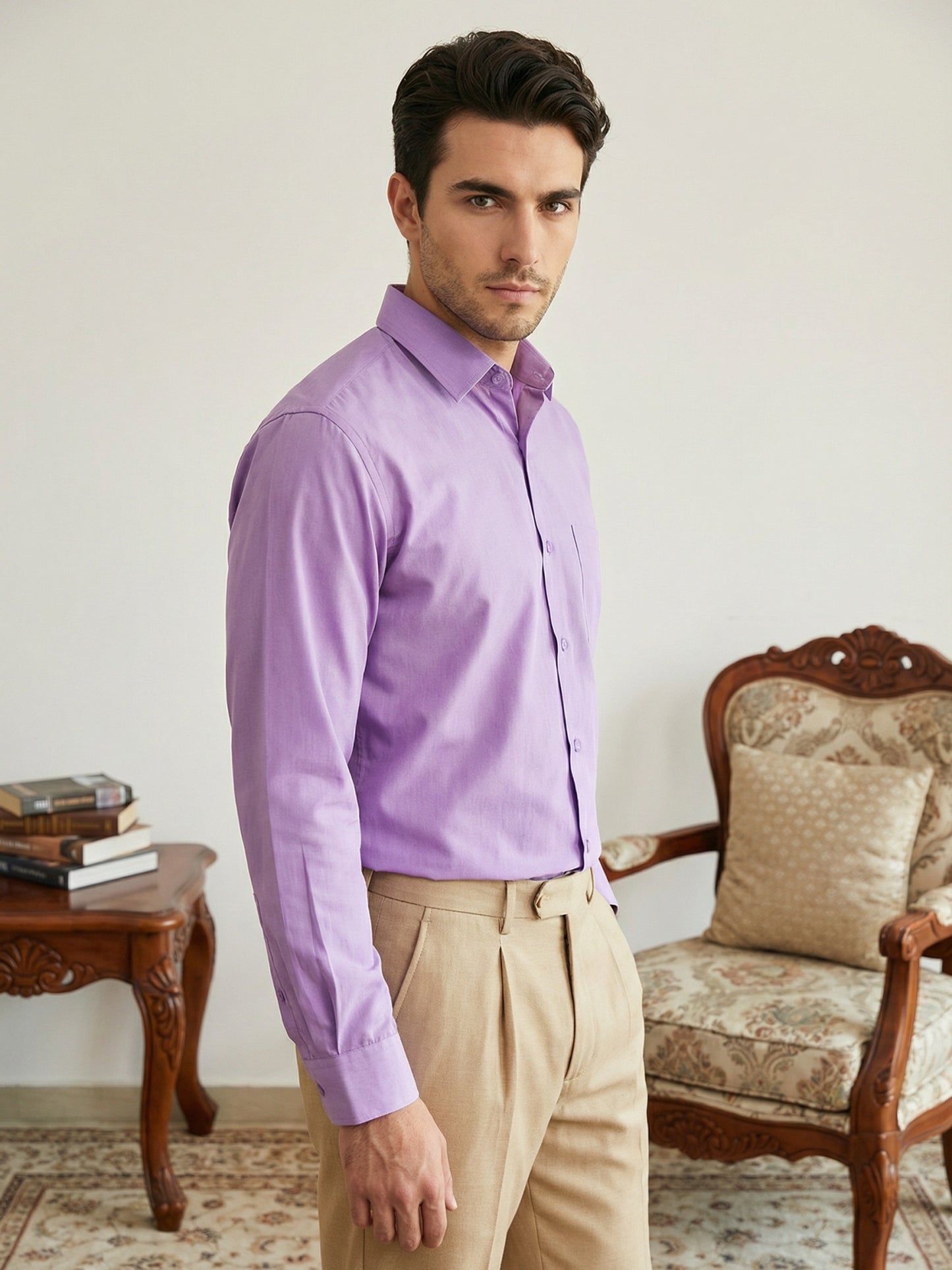 Men Cotton Blend Solid Smart Office Formal Shirt ( RDSH 038Light-Purple )