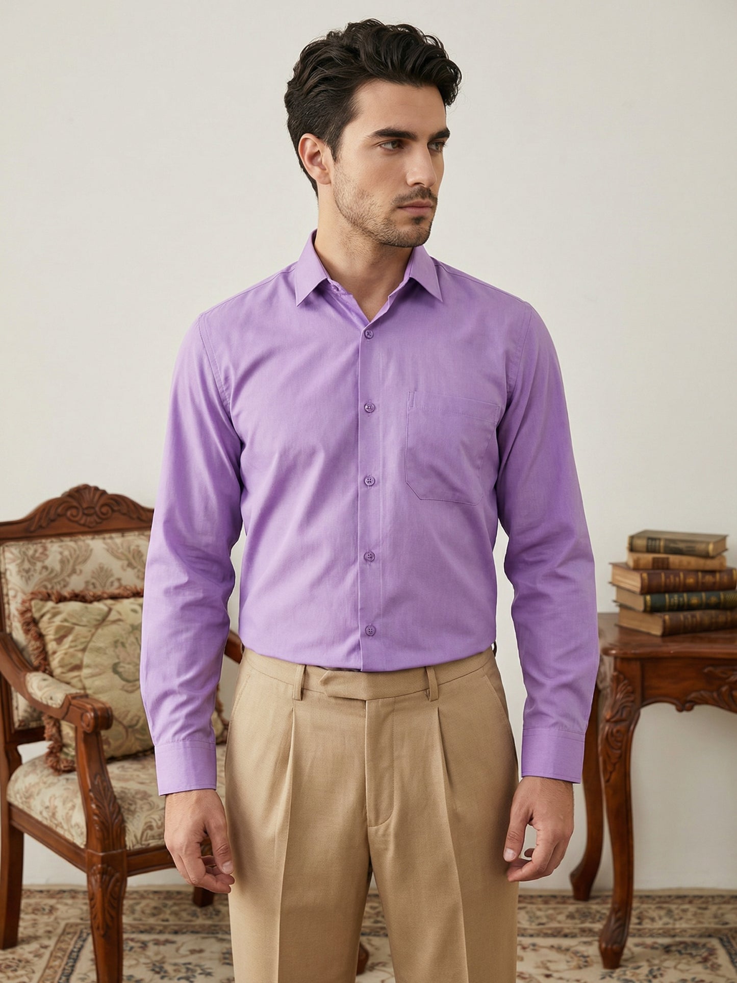Men Cotton Blend Solid Smart Office Formal Shirt ( RDSH 038Light-Purple )