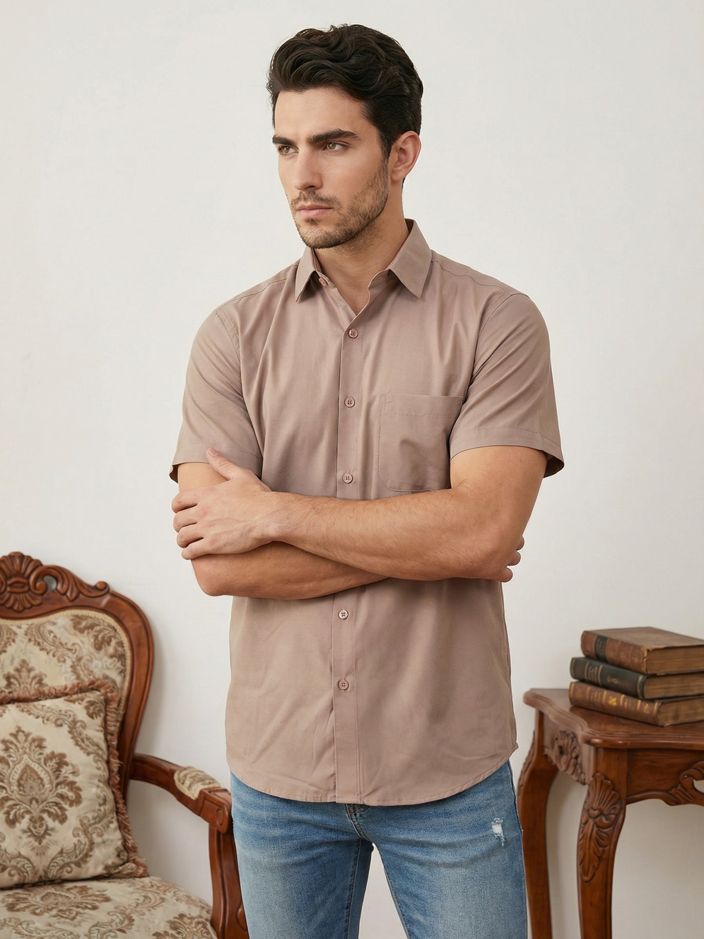 Men's Solid Cotton Blend Half Sleeve Shirt ( RDSH 040Peach )