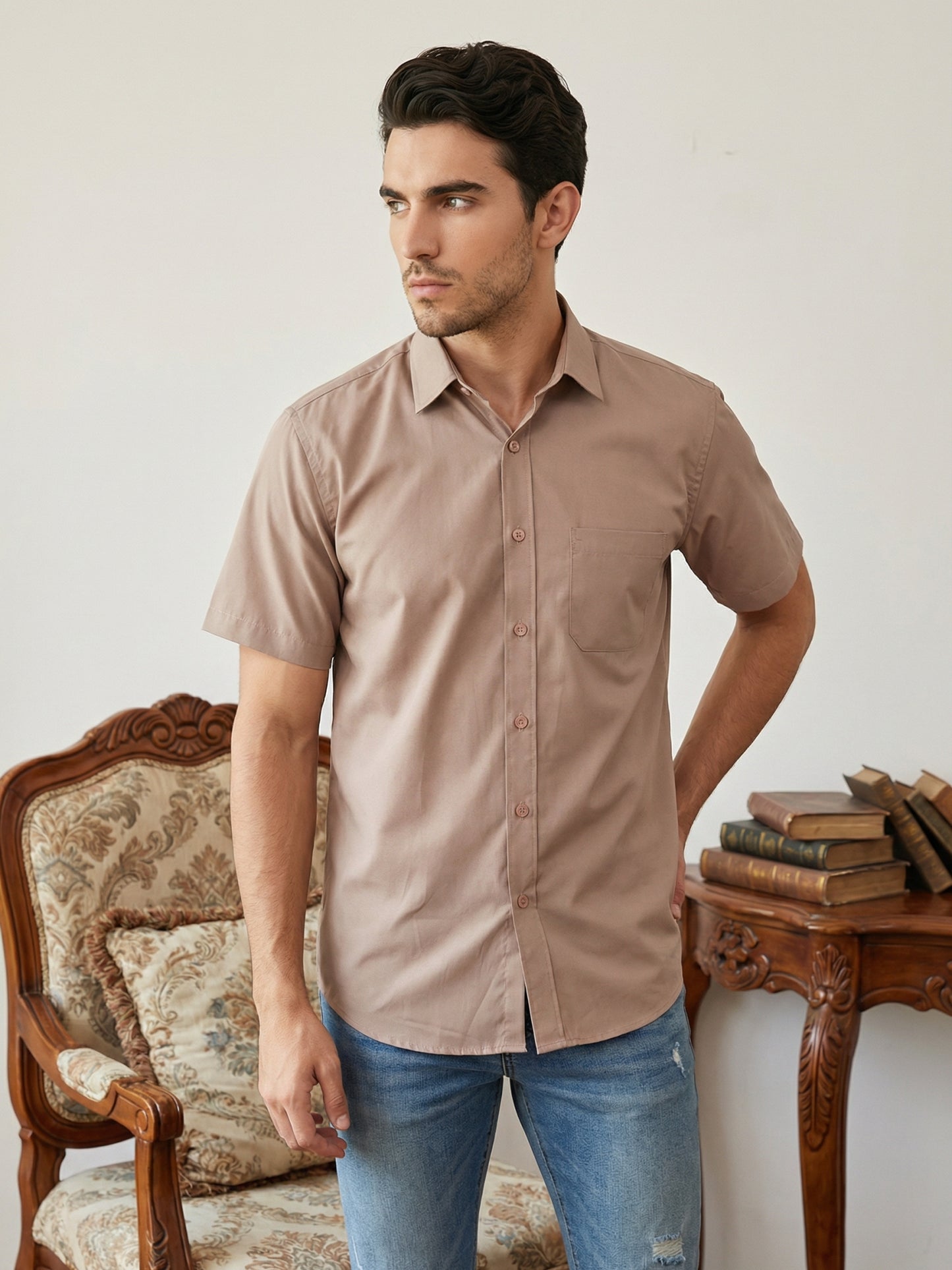 Men's Solid Cotton Blend Half Sleeve Shirt ( RDSH 040Peach )