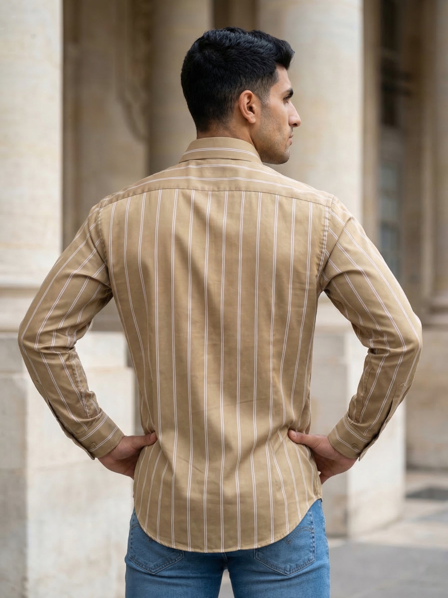 Men’s Vertical Striped Regular Fit Casual Shirt ( RDSH 041Beige )