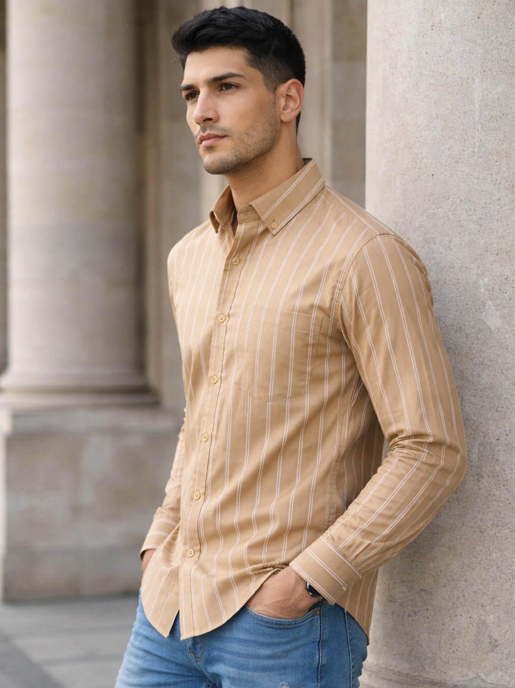 Men’s Vertical Striped Regular Fit Casual Shirt ( RDSH 041Beige )