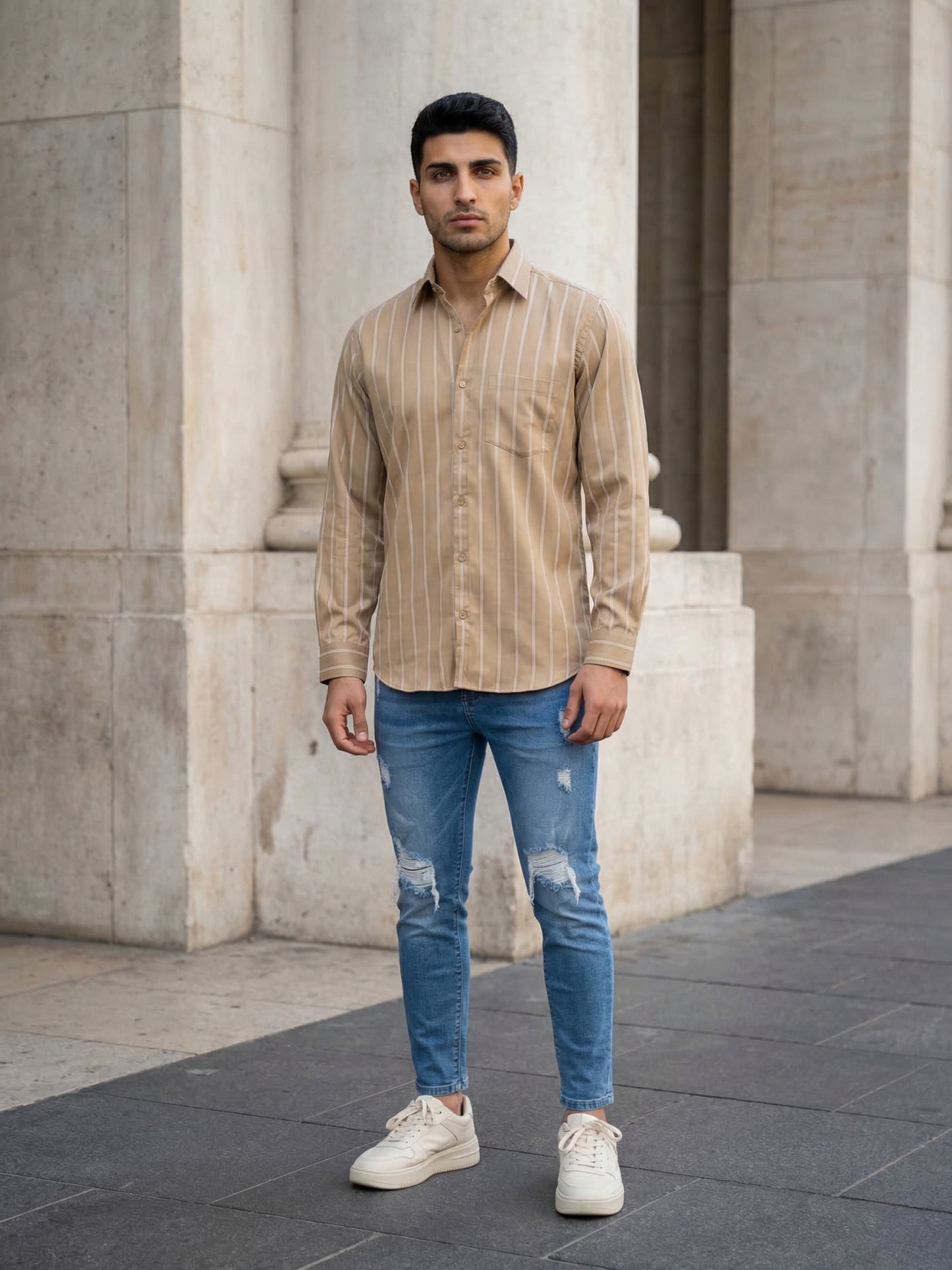 Men’s Vertical Striped Regular Fit Casual Shirt ( RDSH 041Beige )