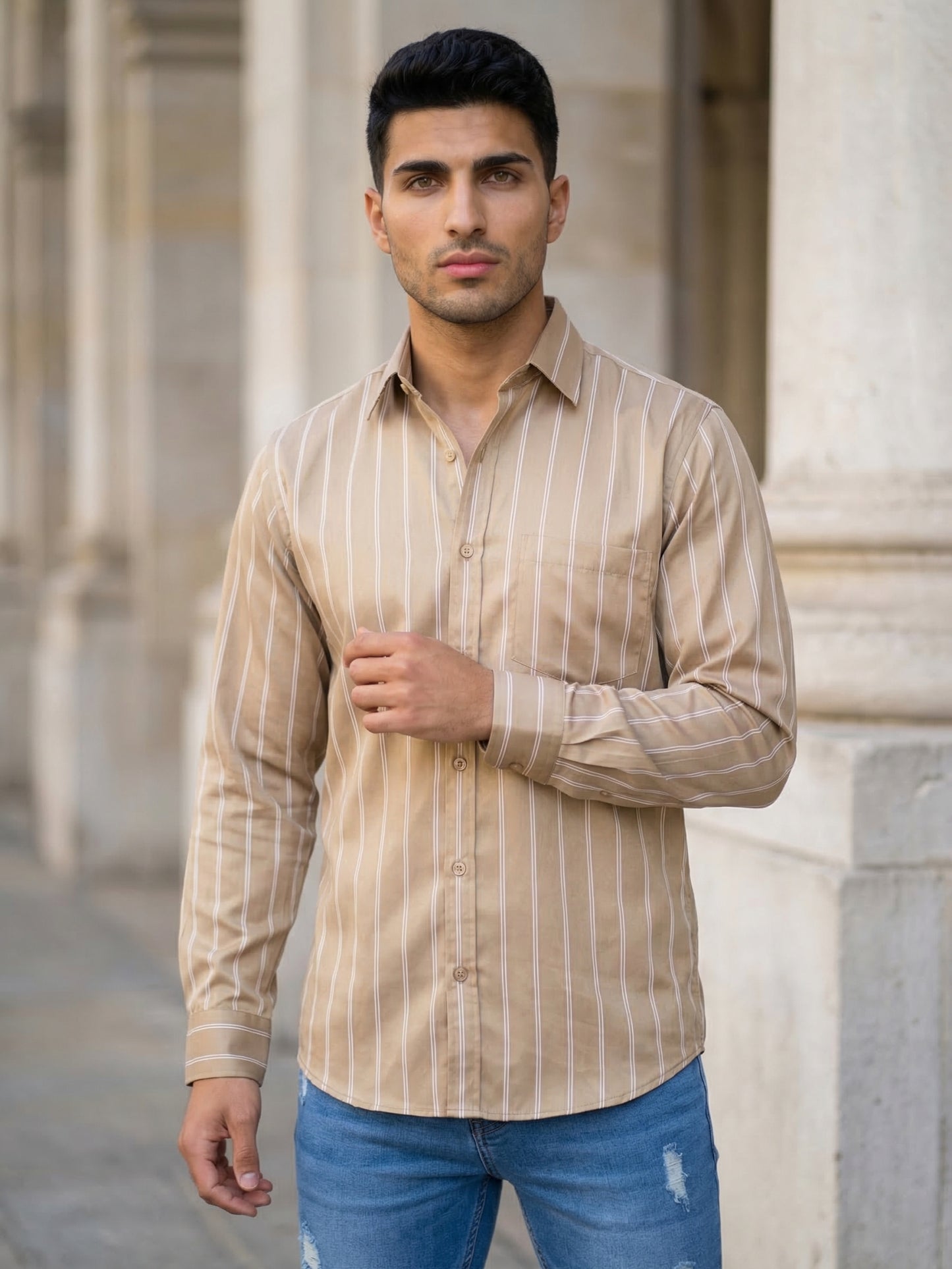 Men’s Vertical Striped Regular Fit Casual Shirt ( RDSH 041Beige )