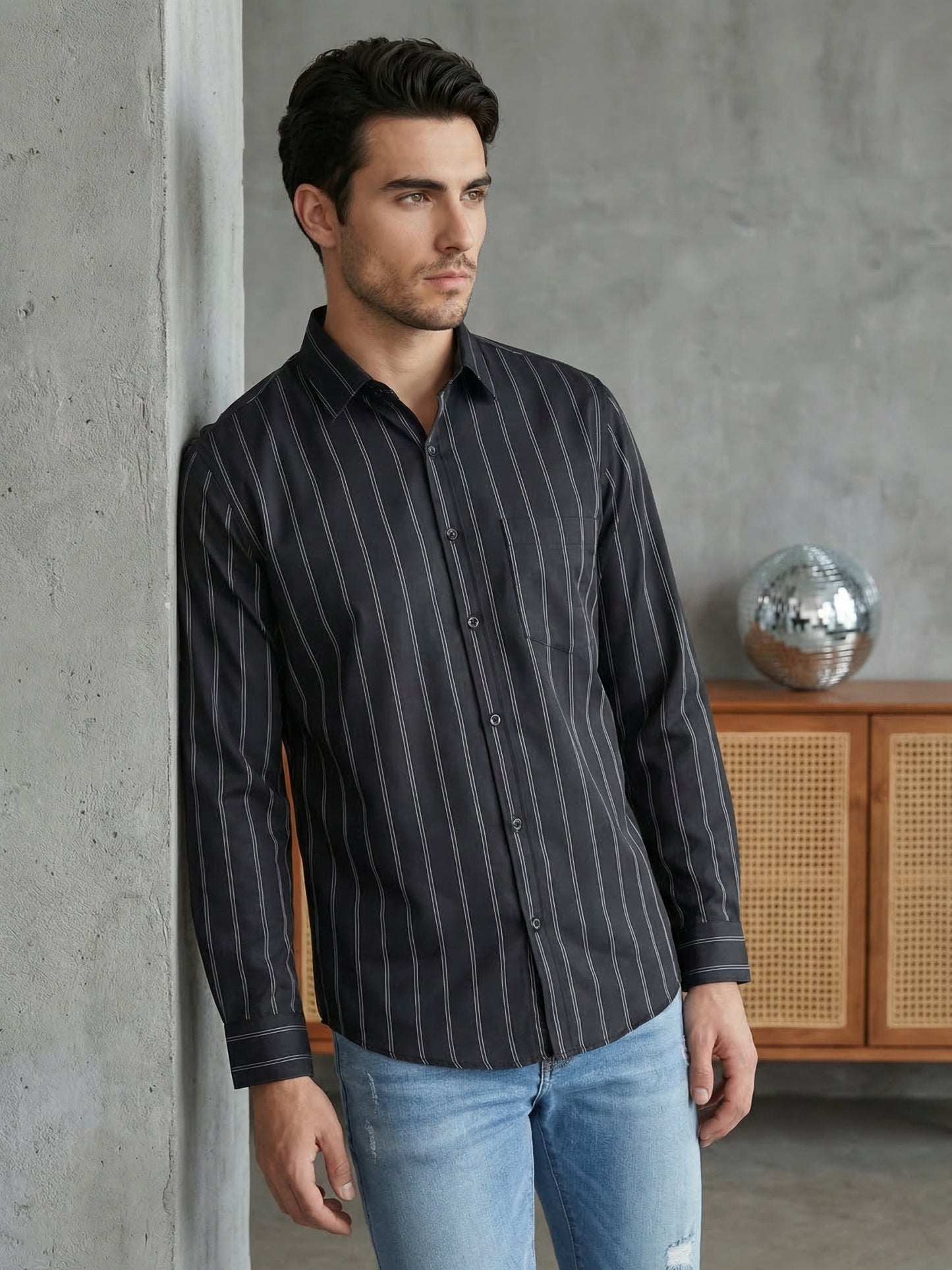 Men’s Vertical Striped Regular Fit Casual Shirt ( RDSH 041Black )