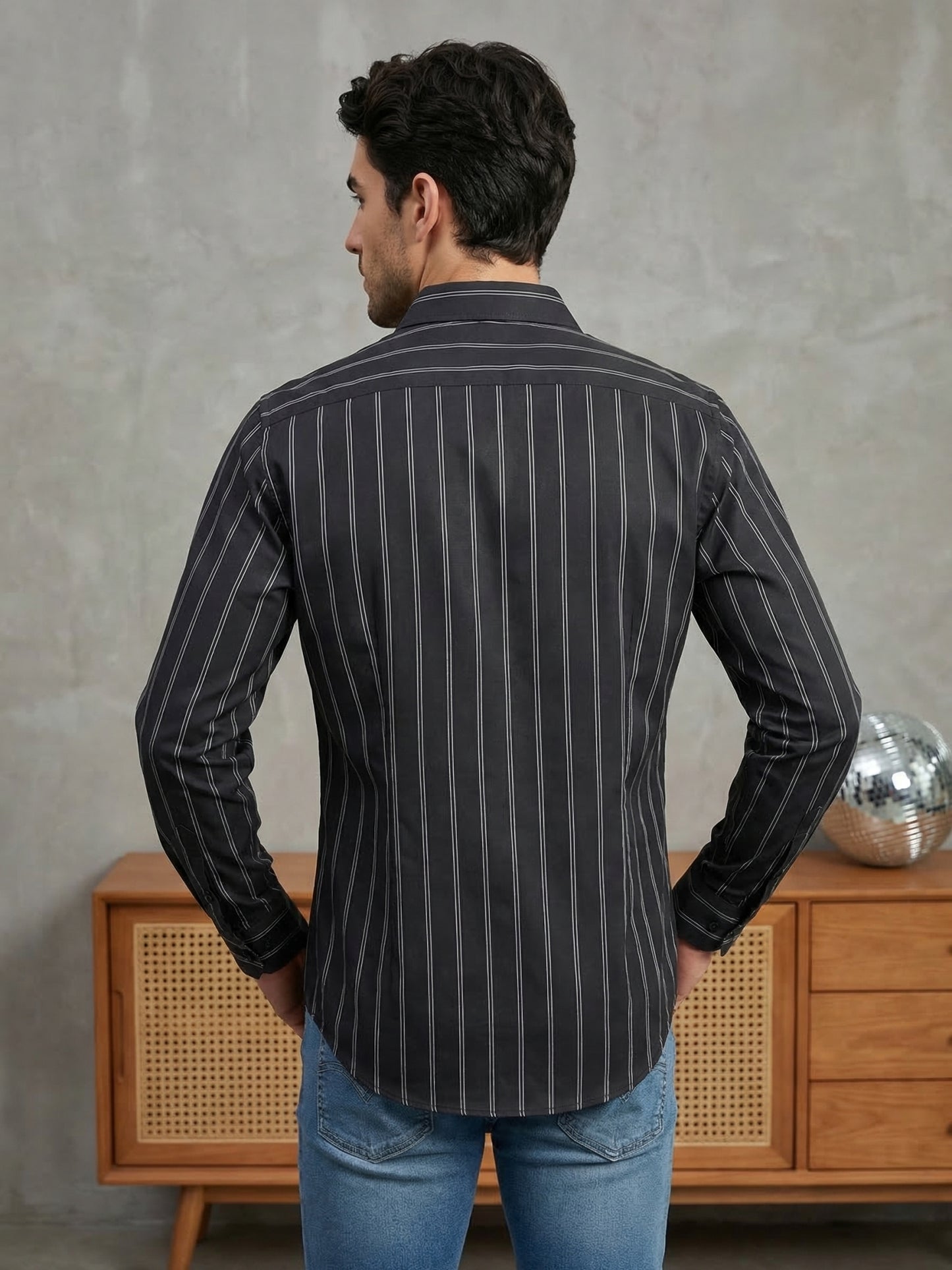 Men’s Vertical Striped Regular Fit Casual Shirt ( RDSH 041Black )