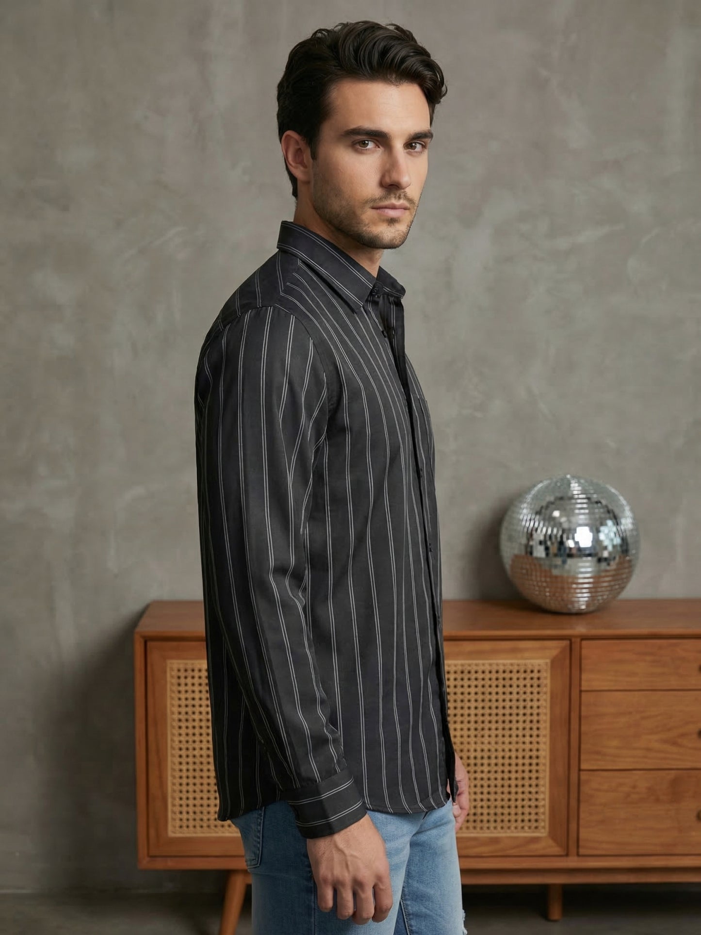 Men’s Vertical Striped Regular Fit Casual Shirt ( RDSH 041Black )