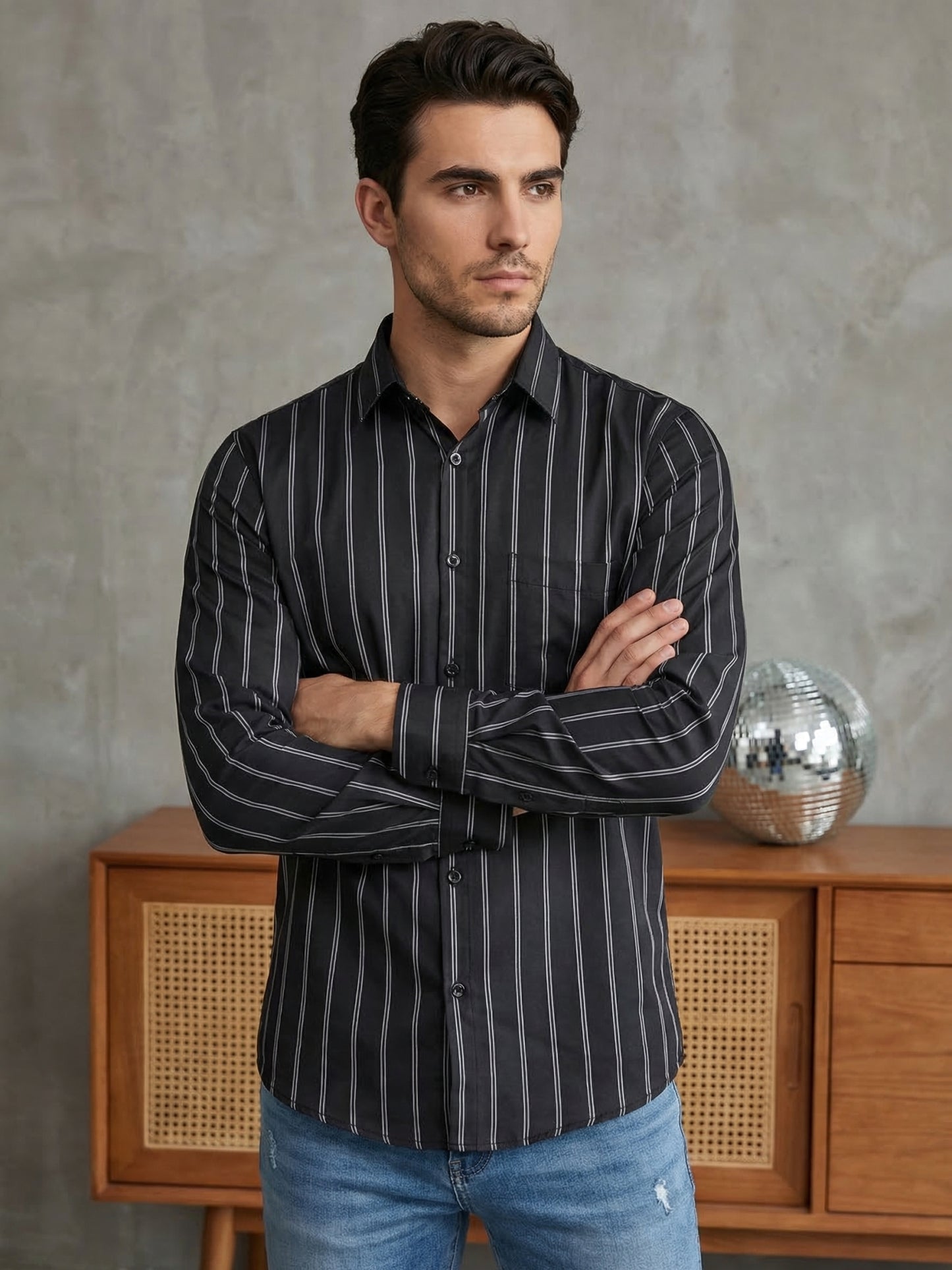 Men’s Vertical Striped Regular Fit Casual Shirt ( RDSH 041Black )