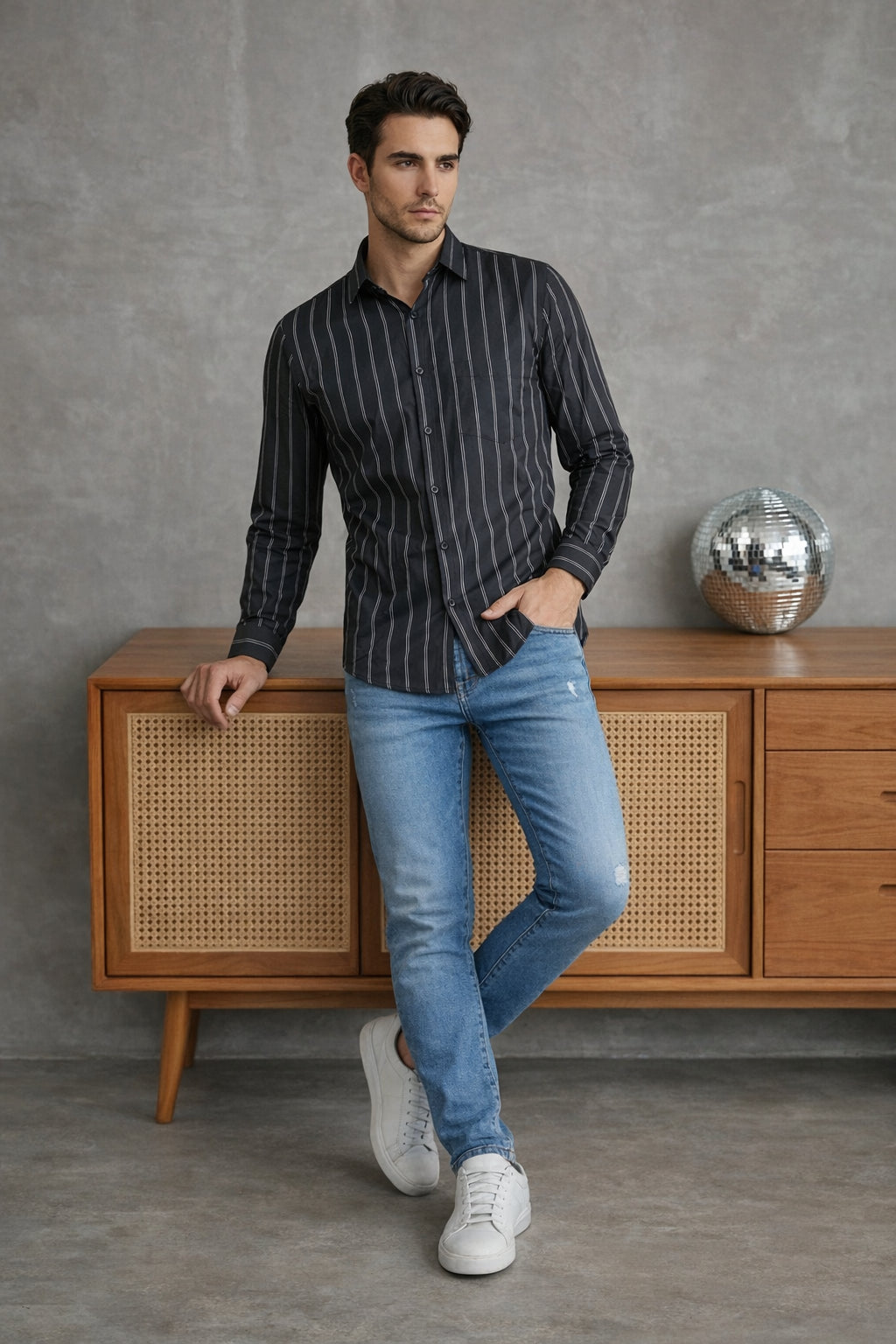 Men’s Vertical Striped Regular Fit Casual Shirt ( RDSH 041Black )