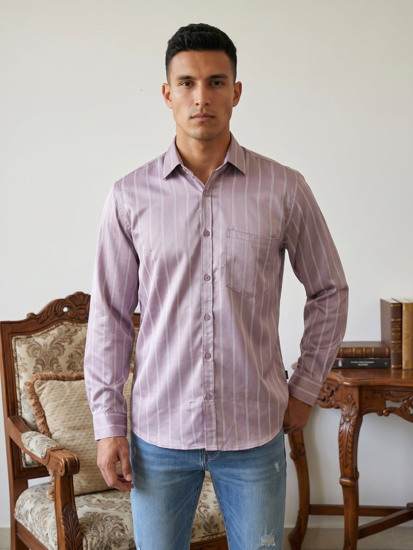 Men’s Vertical Striped Regular Fit Casual Shirt ( RDSH 041Purple )
