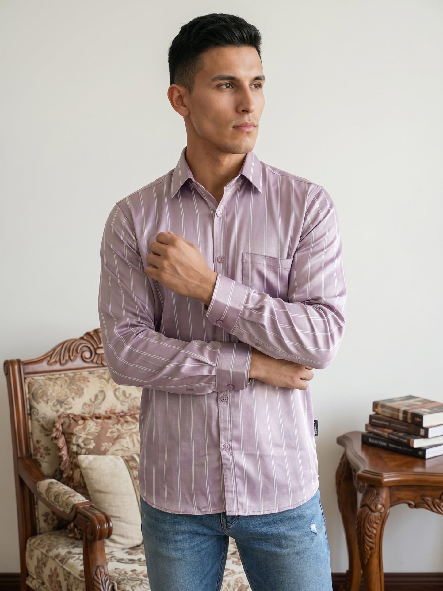 Men’s Vertical Striped Regular Fit Casual Shirt ( RDSH 041Purple )