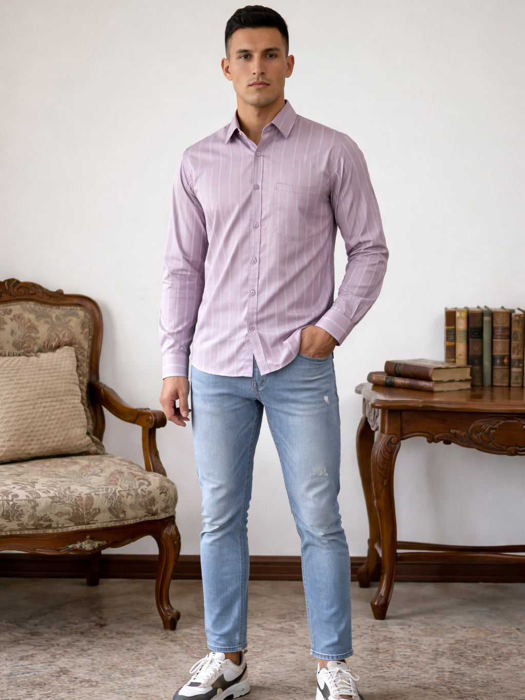 Men’s Vertical Striped Regular Fit Casual Shirt ( RDSH 041Purple )