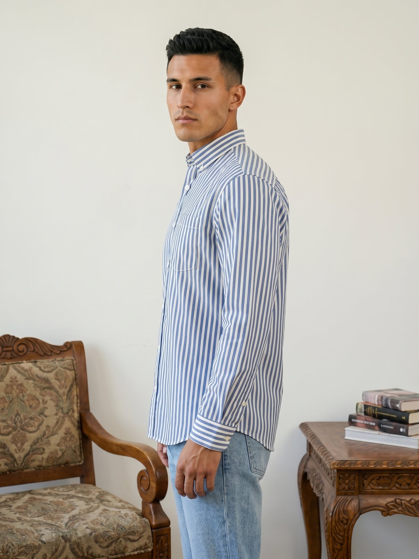 Men’s Pure Cotton Striped Casual Shirt ( RDSH 042Blue )