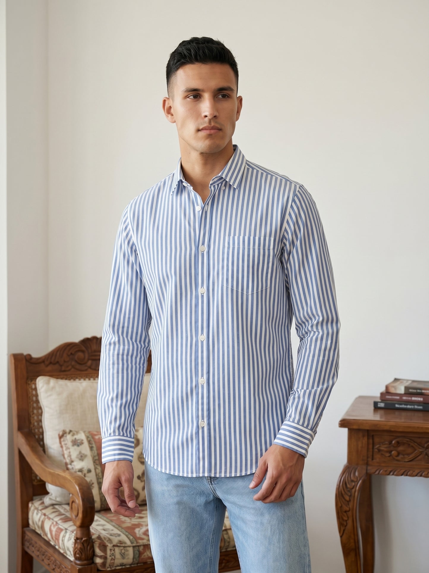 Men’s Pure Cotton Striped Casual Shirt ( RDSH 042Blue )