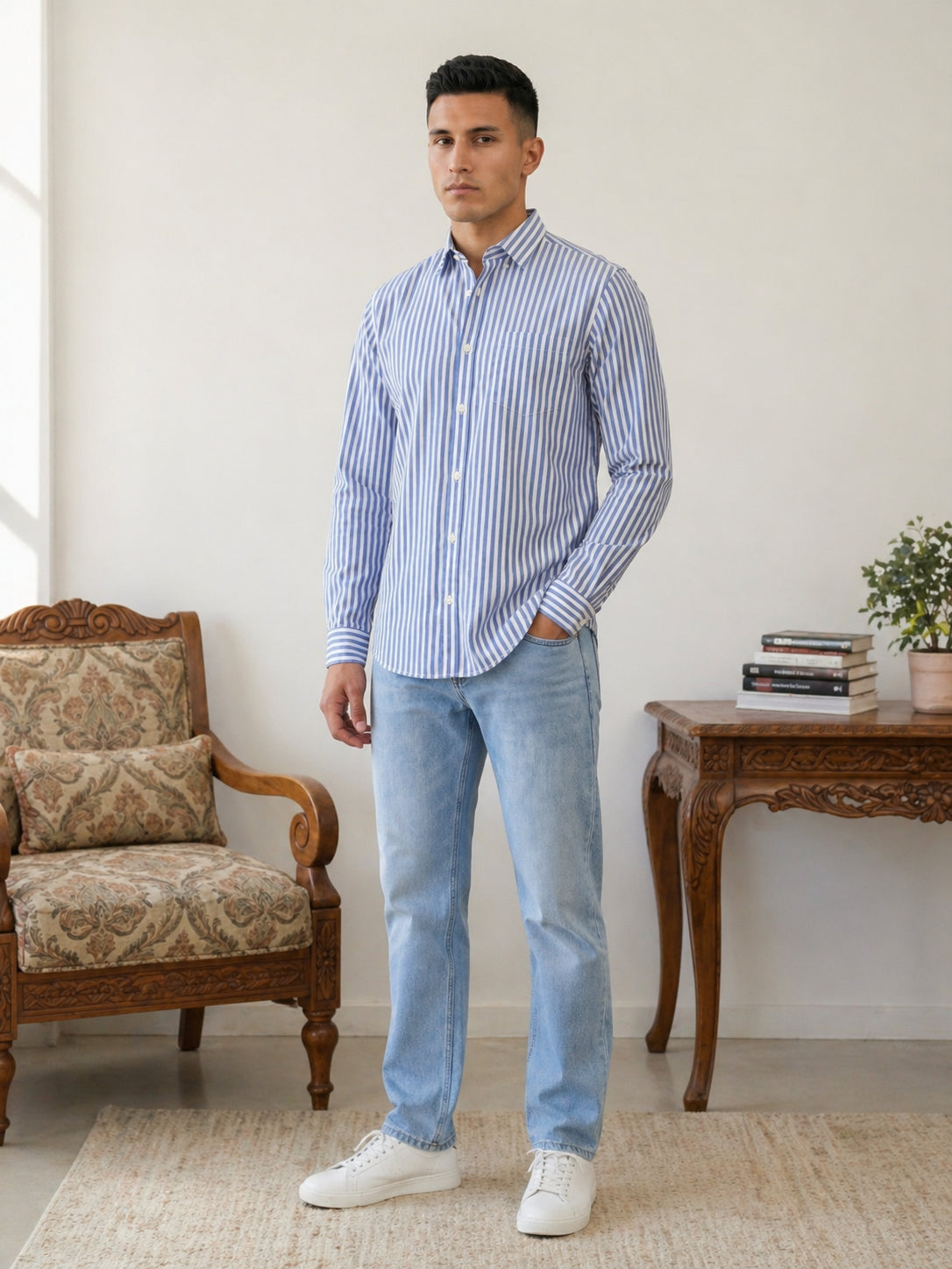 Men’s Pure Cotton Striped Casual Shirt ( RDSH 042Blue )